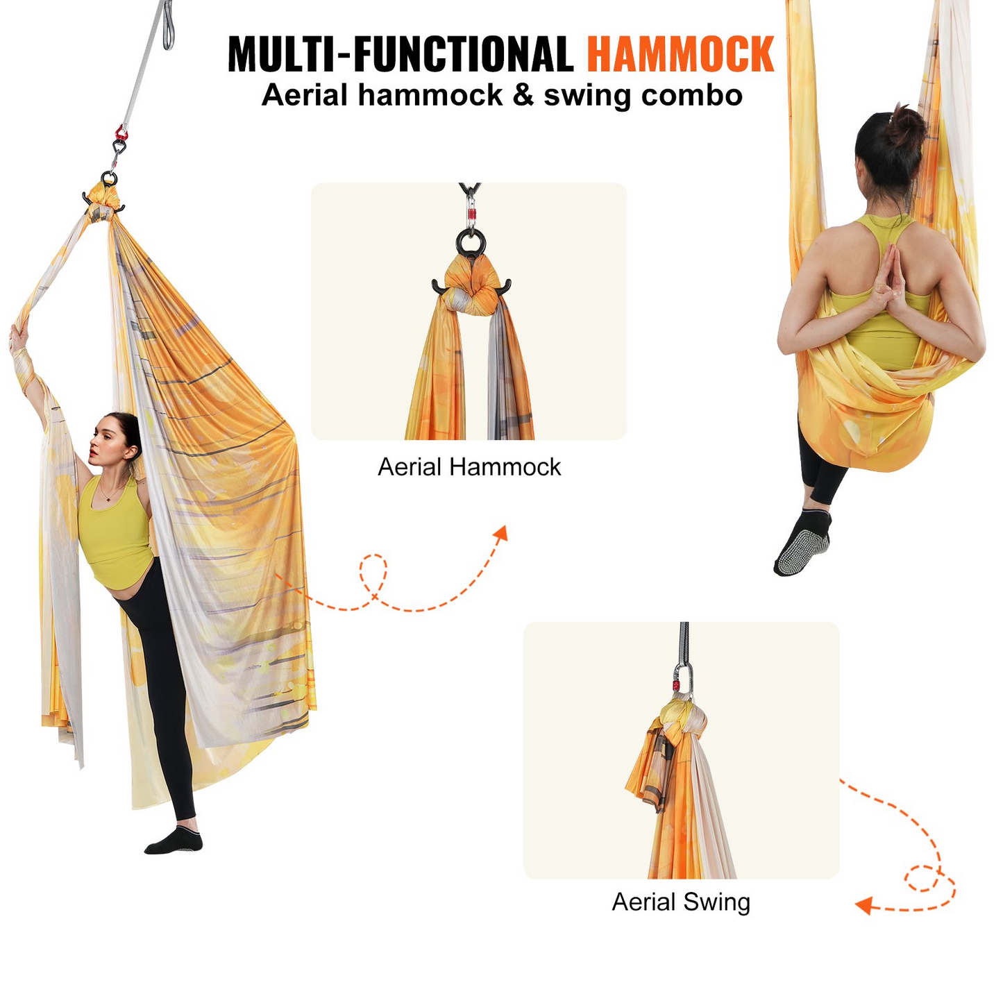 VEVOR Aerial Yoga Hammock & Swing, 5.5 Yards, Aerial Yoga Starter Kit with 100gsm Nylon Fabric, Full Rigging Hardware & Easy Set-up Guide, Antigravity Flying for All Levels Fitness Bodybuilding, Gold - Navarrete Furniture