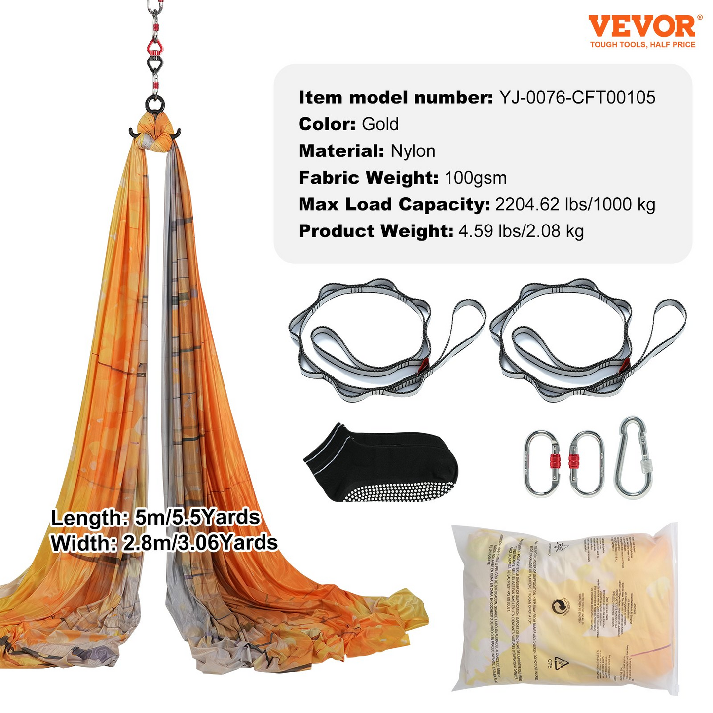 VEVOR Aerial Yoga Hammock & Swing, 5.5 Yards, Aerial Yoga Starter Kit with 100gsm Nylon Fabric, Full Rigging Hardware & Easy Set-up Guide, Antigravity Flying for All Levels Fitness Bodybuilding, Gold - Navarrete Furniture
