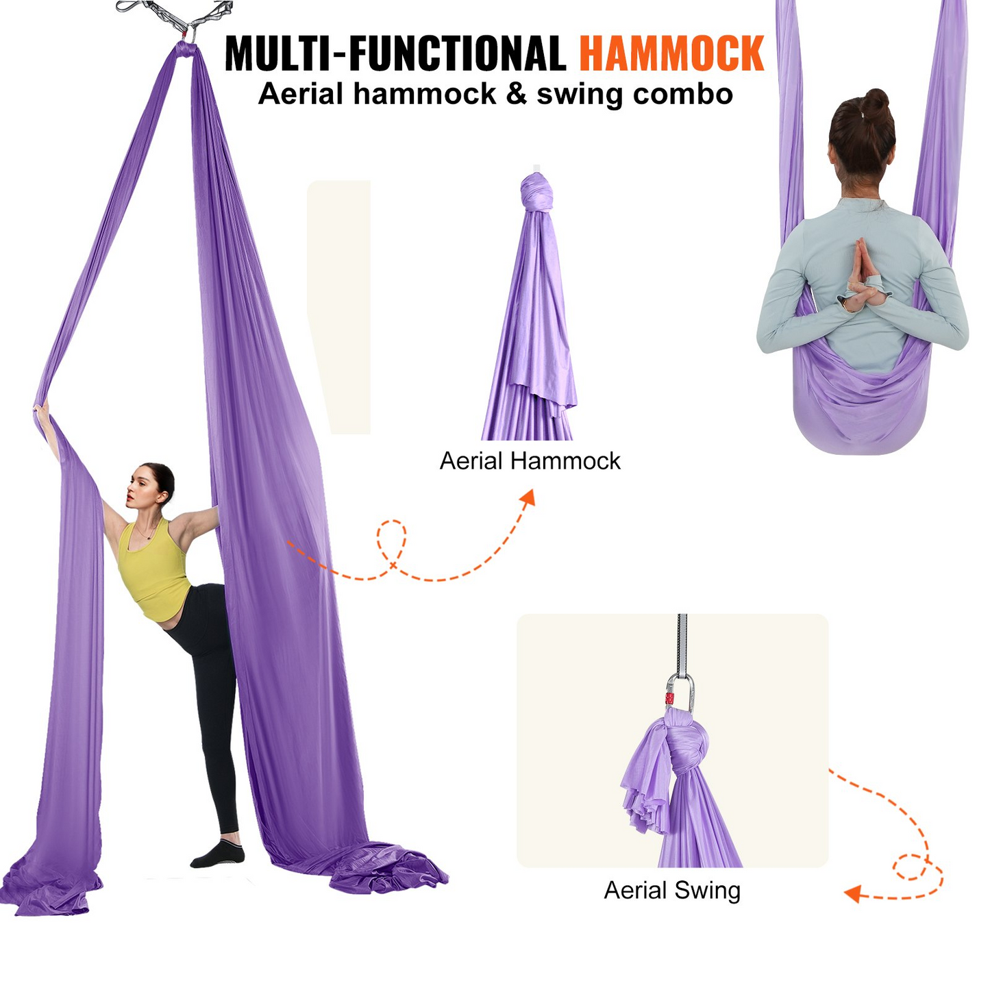 VEVOR Aerial Yoga Hammock & Swing, 4.4 Yards, Yoga Starter Kit with 100gsm Nylon Fabric, Full Rigging Hardware and Easy Set-up Guide, Antigravity Flying for All Levels Fitness Bodybuilding, Purple - Navarrete Furniture