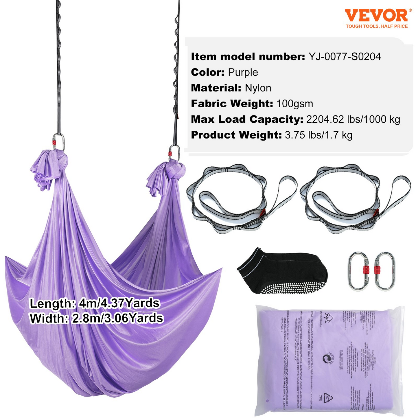 VEVOR Aerial Yoga Hammock & Swing, 4.4 Yards, Yoga Starter Kit with 100gsm Nylon Fabric, Full Rigging Hardware and Easy Set-up Guide, Antigravity Flying for All Levels Fitness Bodybuilding, Purple - Navarrete Furniture