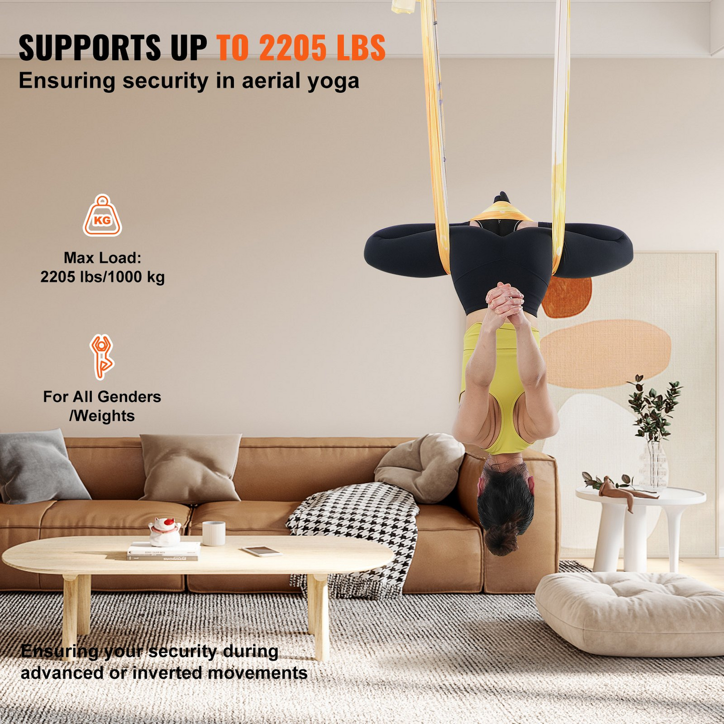 VEVOR Aerial Yoga Hammock & Swing, 5.5 Yards, Aerial Yoga Starter Kit with 100gsm Nylon Fabric, Full Rigging Hardware & Easy Set-up Guide, Antigravity Flying for All Levels Fitness Bodybuilding, Gold - Navarrete Furniture