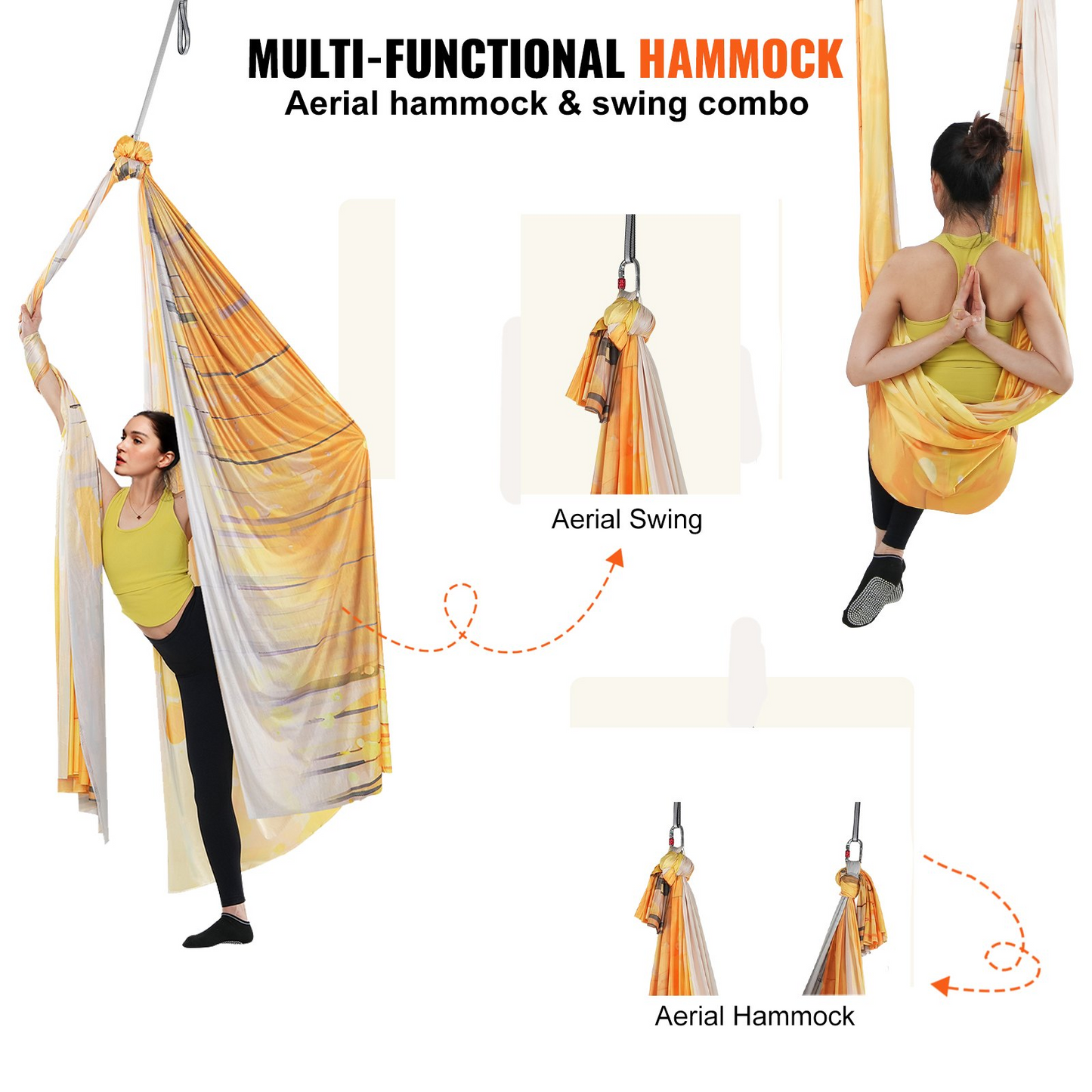 VEVOR Aerial Yoga Hammock & Swing, 5.5 Yards, Aerial Yoga Starter Kit with 100gsm Nylon Fabric, Full Rigging Hardware & Easy Set-up Guide, Antigravity Flying for All Levels Fitness Bodybuilding, Gold - Navarrete Furniture