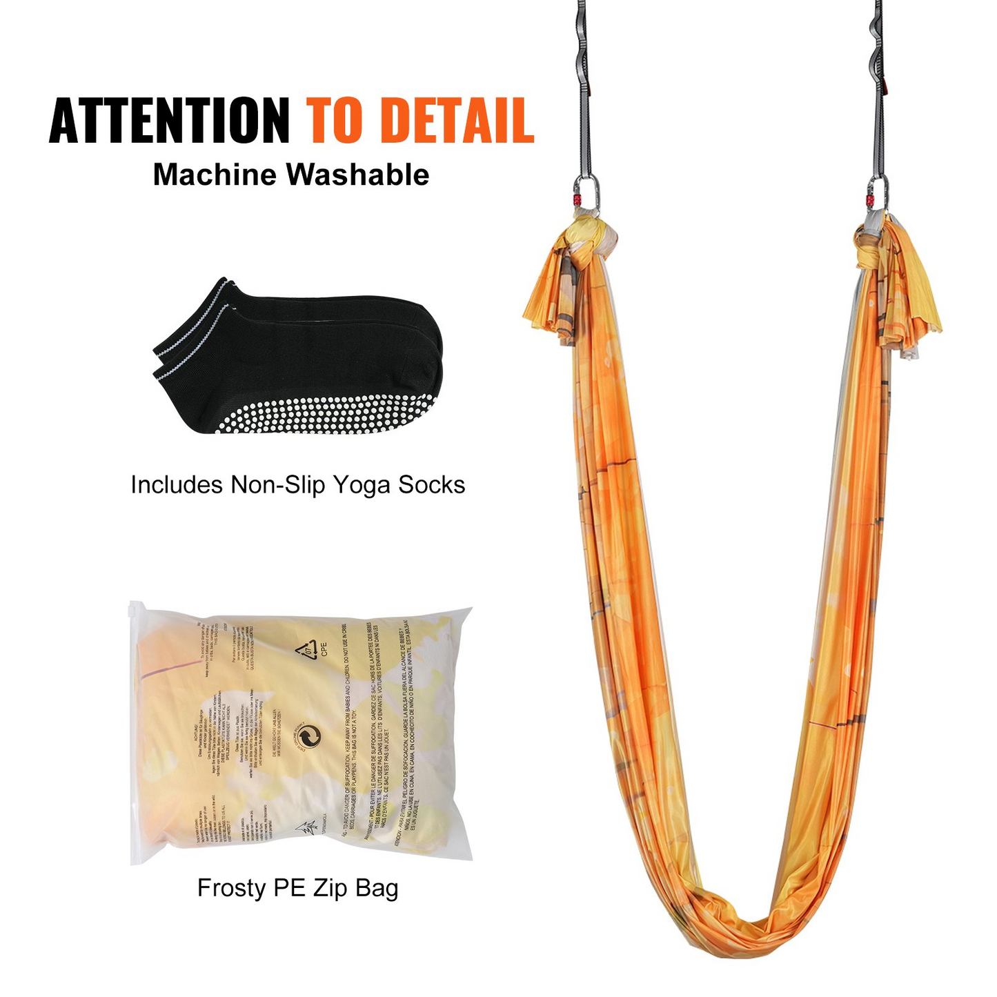 VEVOR Aerial Yoga Hammock & Swing, 5.5 Yards, Aerial Yoga Starter Kit with 100gsm Nylon Fabric, Full Rigging Hardware & Easy Set-up Guide, Antigravity Flying for All Levels Fitness Bodybuilding, Gold - Navarrete Furniture