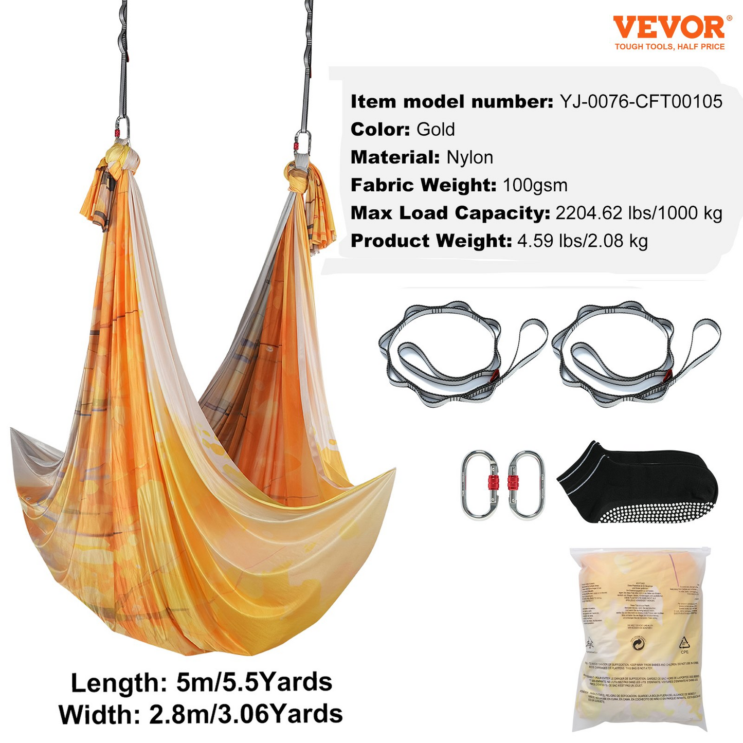 VEVOR Aerial Yoga Hammock & Swing, 5.5 Yards, Aerial Yoga Starter Kit with 100gsm Nylon Fabric, Full Rigging Hardware & Easy Set-up Guide, Antigravity Flying for All Levels Fitness Bodybuilding, Gold - Navarrete Furniture