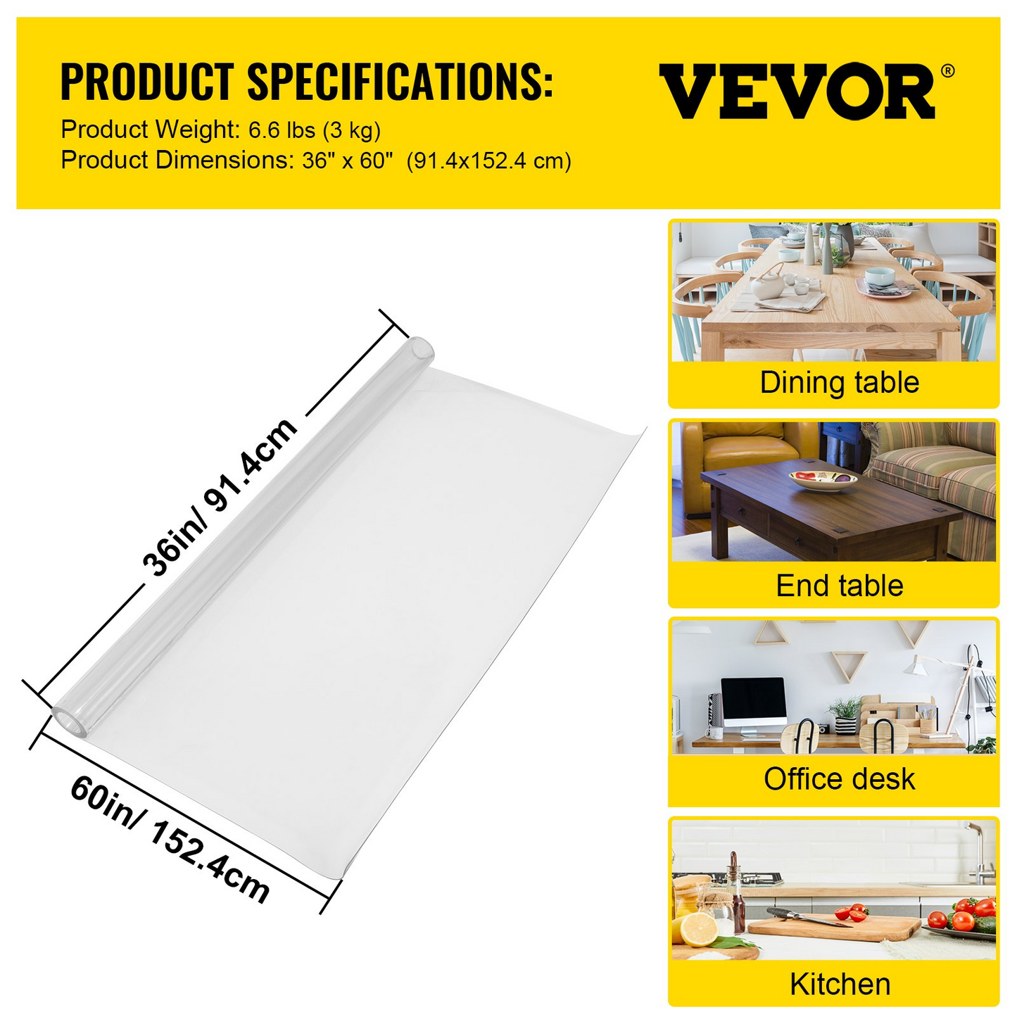 VEVOR Plastic Table Cover 36 x 60 Inch, 2 mm Thick Clear Table Protector, Rectangle Clear Desk Mat, Waterproof & Easy Cleaning for Office Dresser Night Stand - Navarrete Furniture