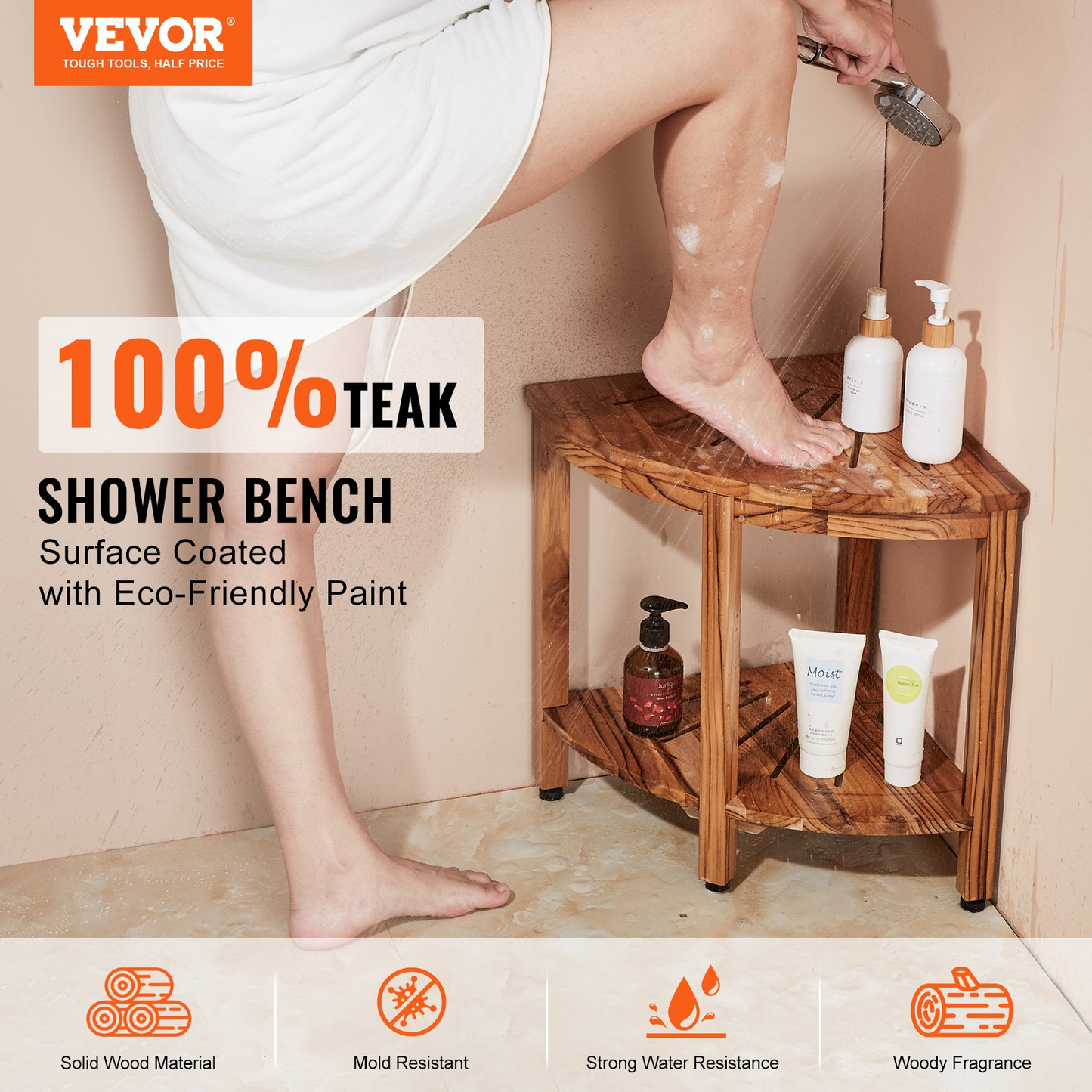 VEVOR Corner Teak Shower Bench, 18.5" Height 15.5" Radius, 100% Teak Wood Corner Shower Beach, 500 LBS with Storage Shelf, Shower Stool for Inside & Outside Shower, for Bathroom - Navarrete Furniture