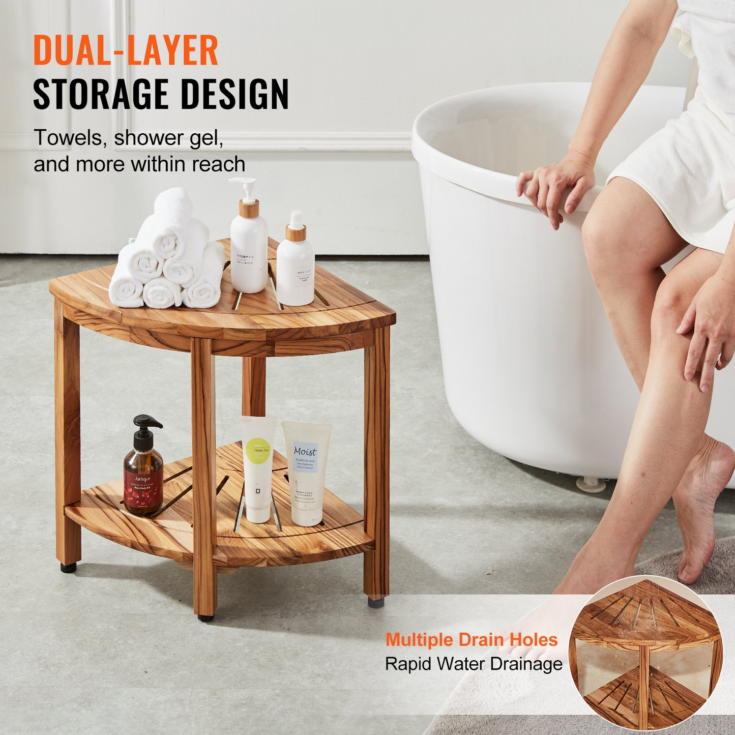 VEVOR Corner Teak Shower Bench, 18.5" Height 15.5" Radius, 100% Teak Wood Corner Shower Beach, 500 LBS with Storage Shelf, Shower Stool for Inside & Outside Shower, for Bathroom - Navarrete Furniture