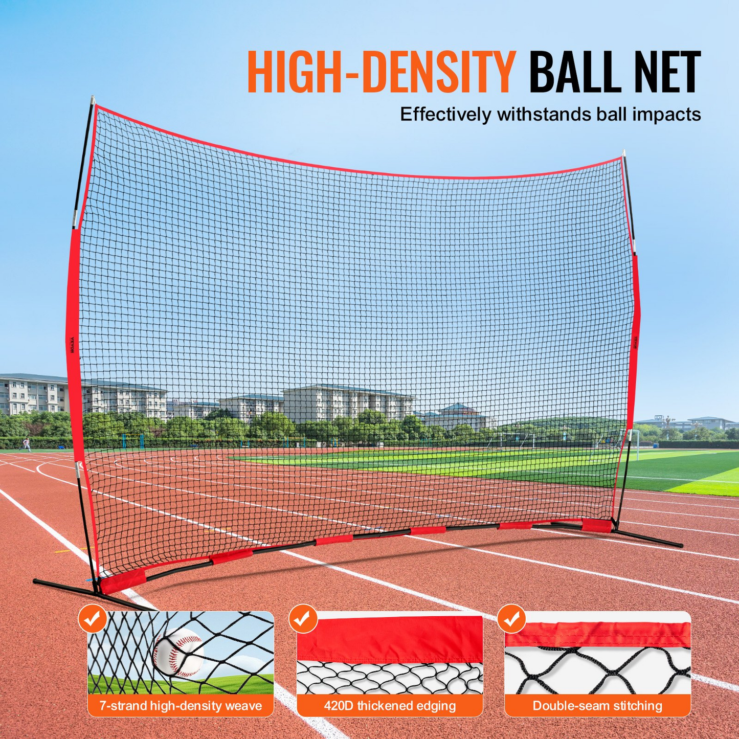 VEVOR Barricade Backstop Net, 16x10 ft Ball Sports Barrier Netting, Portable Practice Equipment with Carry Bag, Protection Screen for Baseball Softball Lacrosse Soccer Hockey Training, for Backyard - Navarrete Furniture