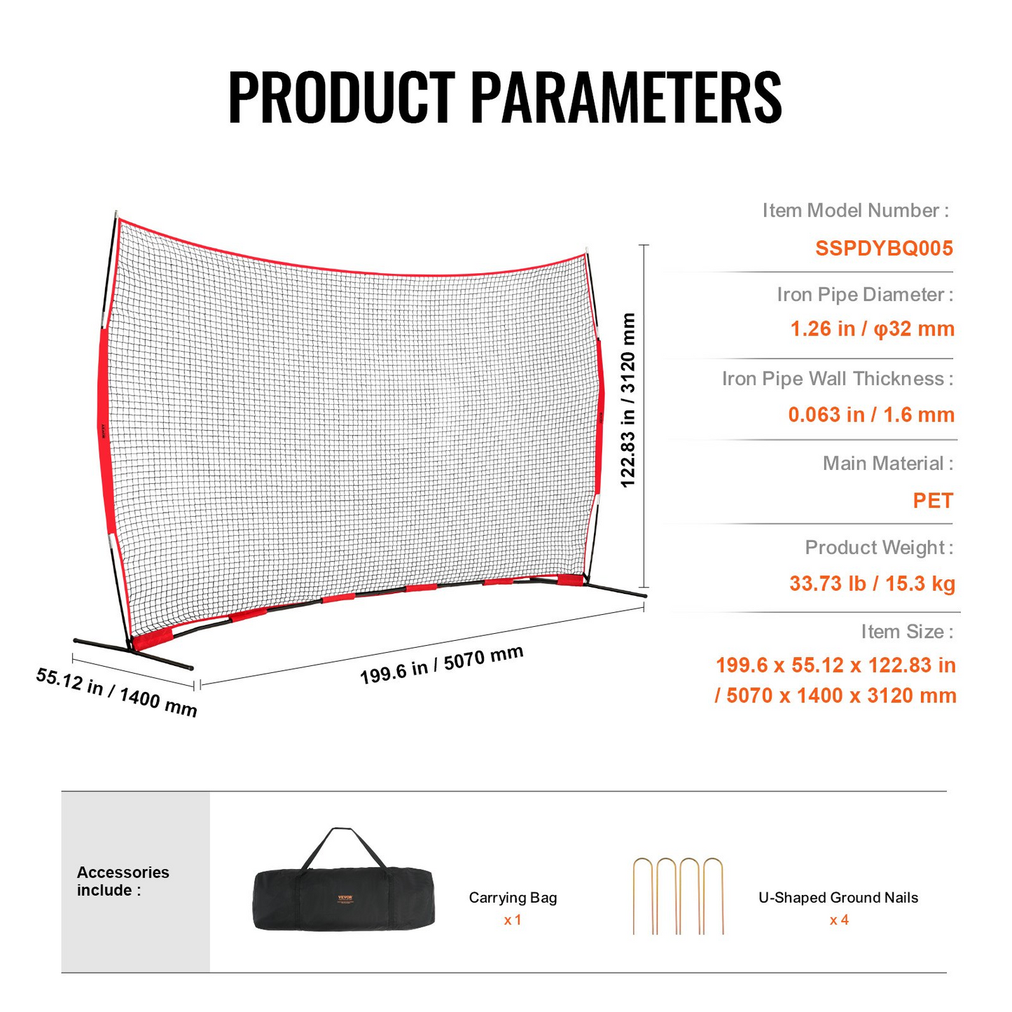 VEVOR Barricade Backstop Net, 16x10 ft Ball Sports Barrier Netting, Portable Practice Equipment with Carry Bag, Protection Screen for Baseball Softball Lacrosse Soccer Hockey Training, for Backyard - Navarrete Furniture