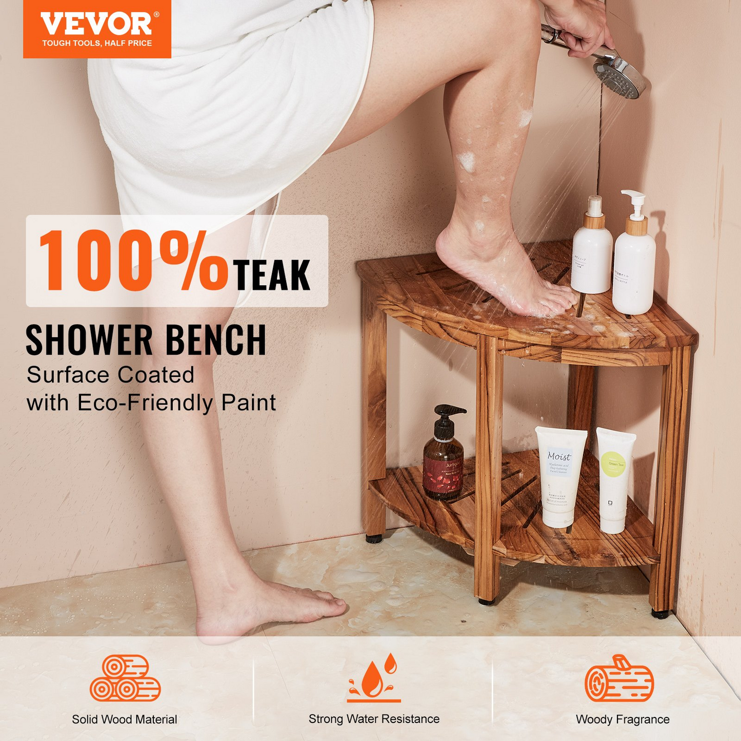 VEVOR Corner Teak Shower Bench, 18.5" Height 15.5" Radius, 100% Teak Wood Corner Shower Beach, 500 LBS with Storage Shelf, Shower Stool for Inside & Outside Shower, for Bathroom - Navarrete Furniture
