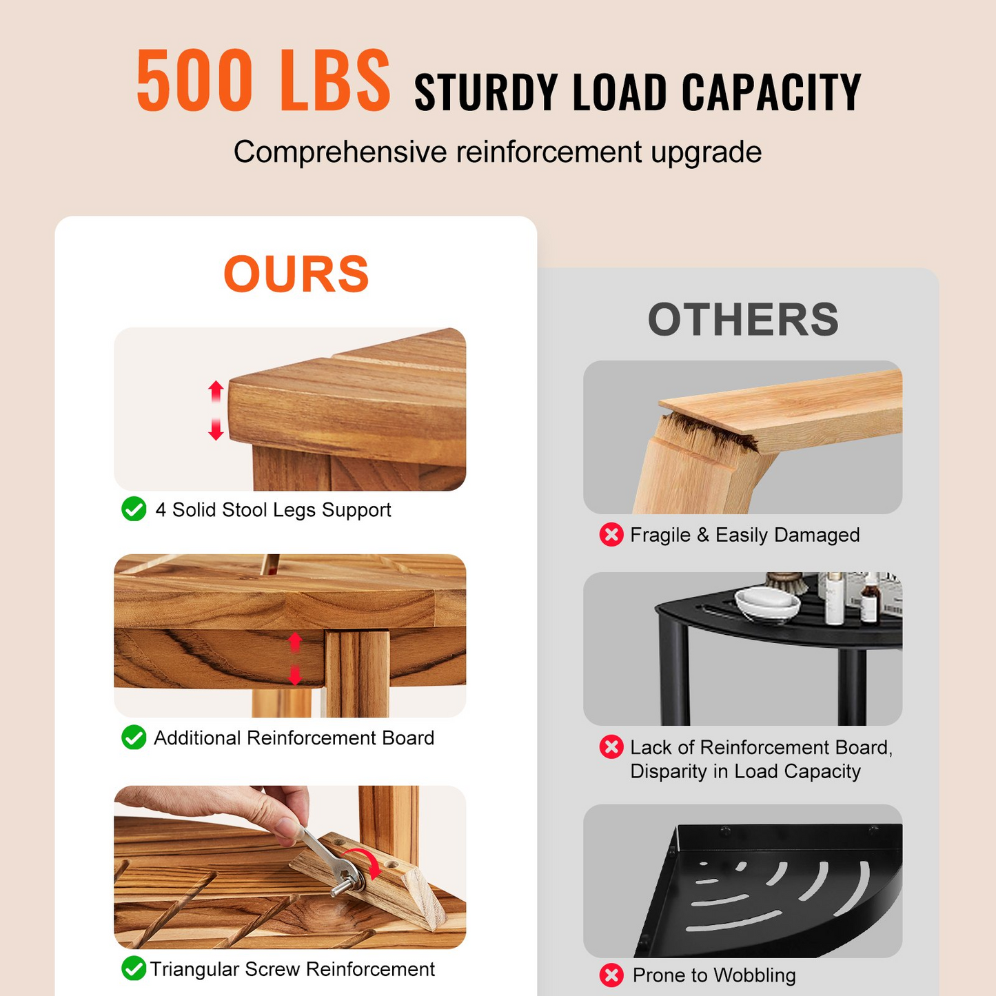 VEVOR Corner Teak Shower Bench, 18.5" Height 15.5" Radius, 100% Teak Wood Corner Shower Beach, 500 LBS with Storage Shelf, Shower Stool for Inside & Outside Shower, for Bathroom - Navarrete Furniture