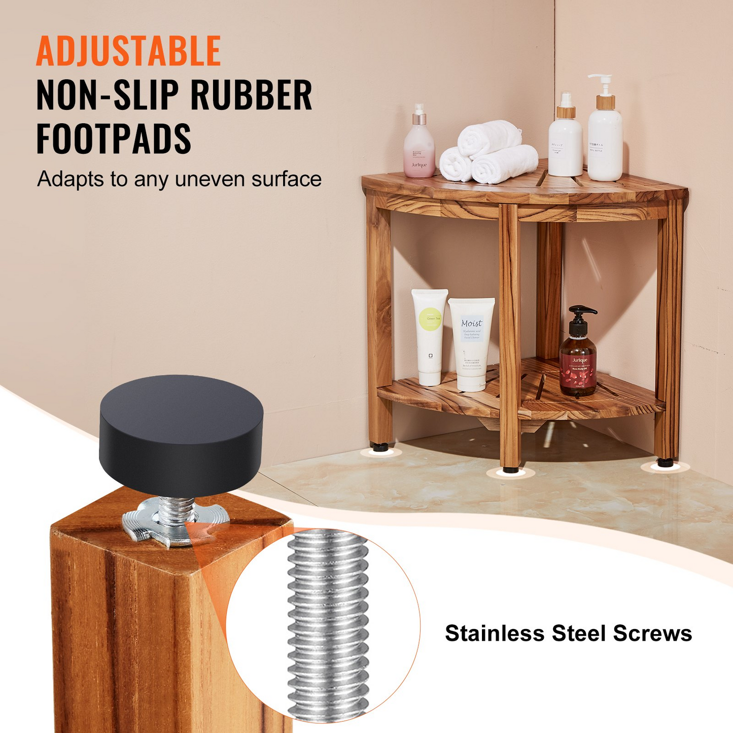VEVOR Corner Teak Shower Bench, 18.5" Height 15.5" Radius, 100% Teak Wood Corner Shower Beach, 500 LBS with Storage Shelf, Shower Stool for Inside & Outside Shower, for Bathroom - Navarrete Furniture