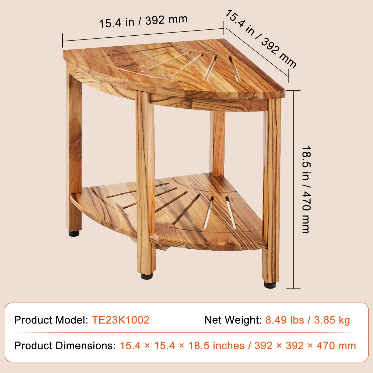 VEVOR Corner Teak Shower Bench, 18.5" Height 15.5" Radius, 100% Teak Wood Corner Shower Beach, 500 LBS with Storage Shelf, Shower Stool for Inside & Outside Shower, for Bathroom - Navarrete Furniture