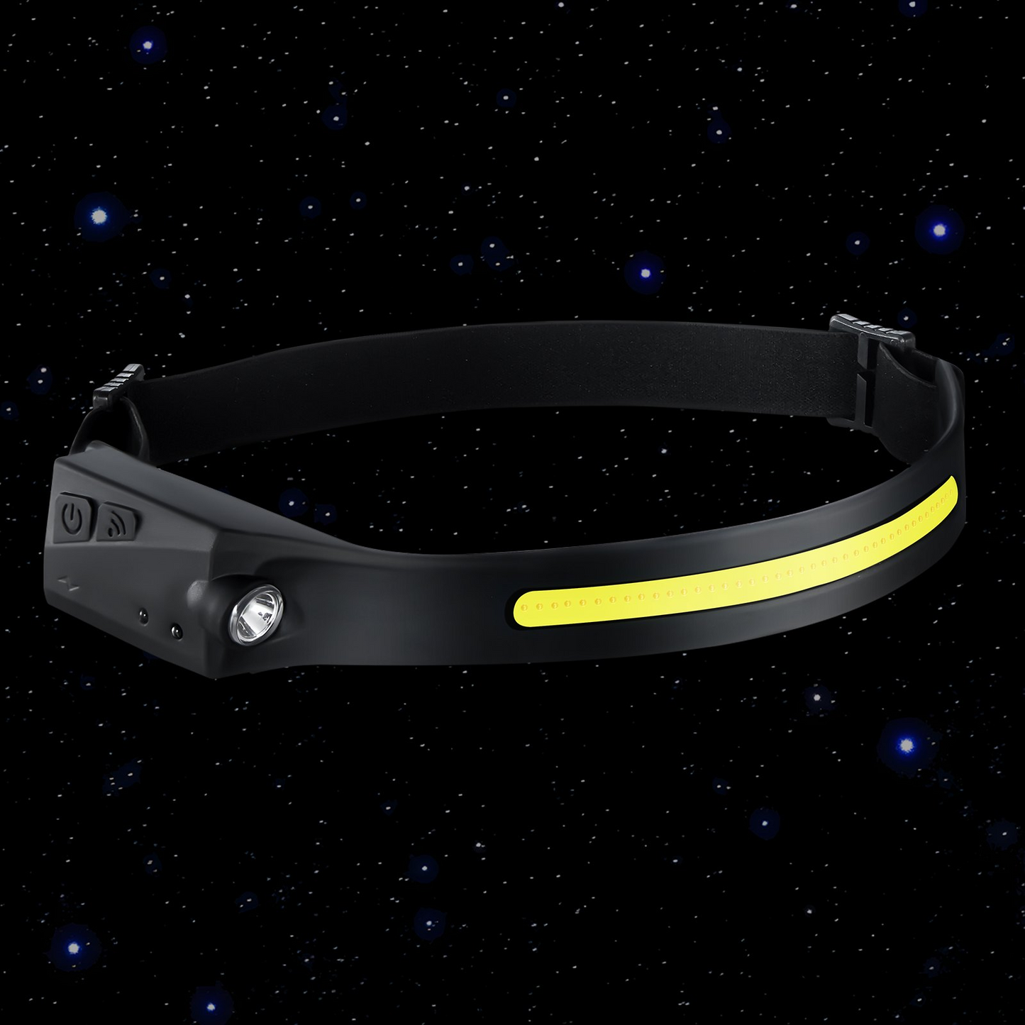 Headlamp worn on forehead at night