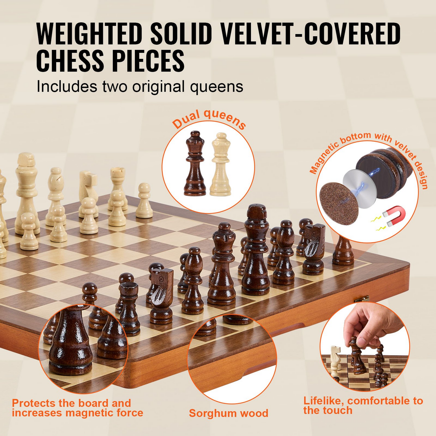 VEVOR Magnetic Wooden Chess Set, 15 inch 2-IN-1 Chess Checkers Game Set, Folding Chess Board Games for Adults Kids, 2 Queens Portable Travel Gift Chess Set for Tournament Professional Beginner - Navarrete Furniture