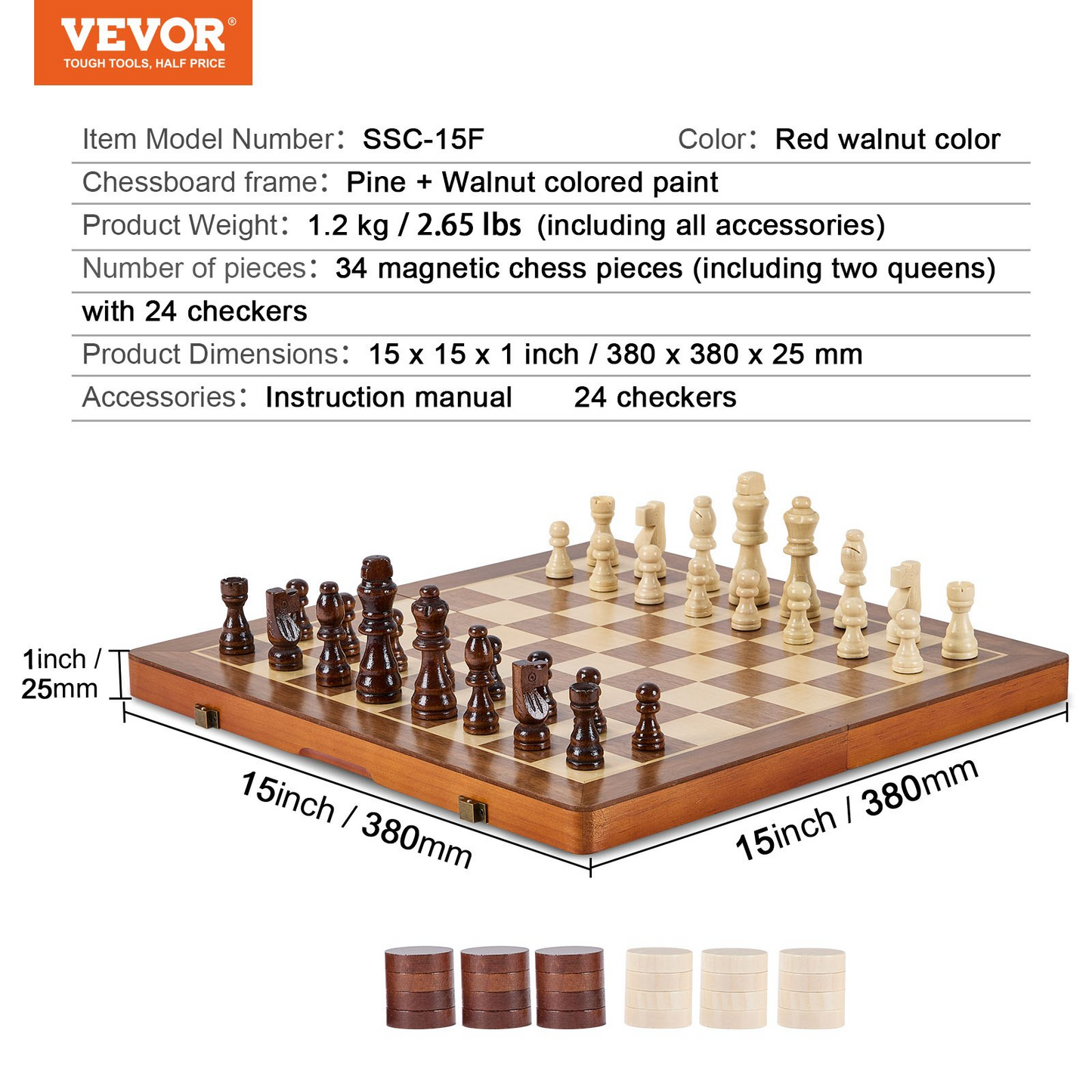 VEVOR Magnetic Wooden Chess Set, 15 inch 2-IN-1 Chess Checkers Game Set, Folding Chess Board Games for Adults Kids, 2 Queens Portable Travel Gift Chess Set for Tournament Professional Beginner - Navarrete Furniture