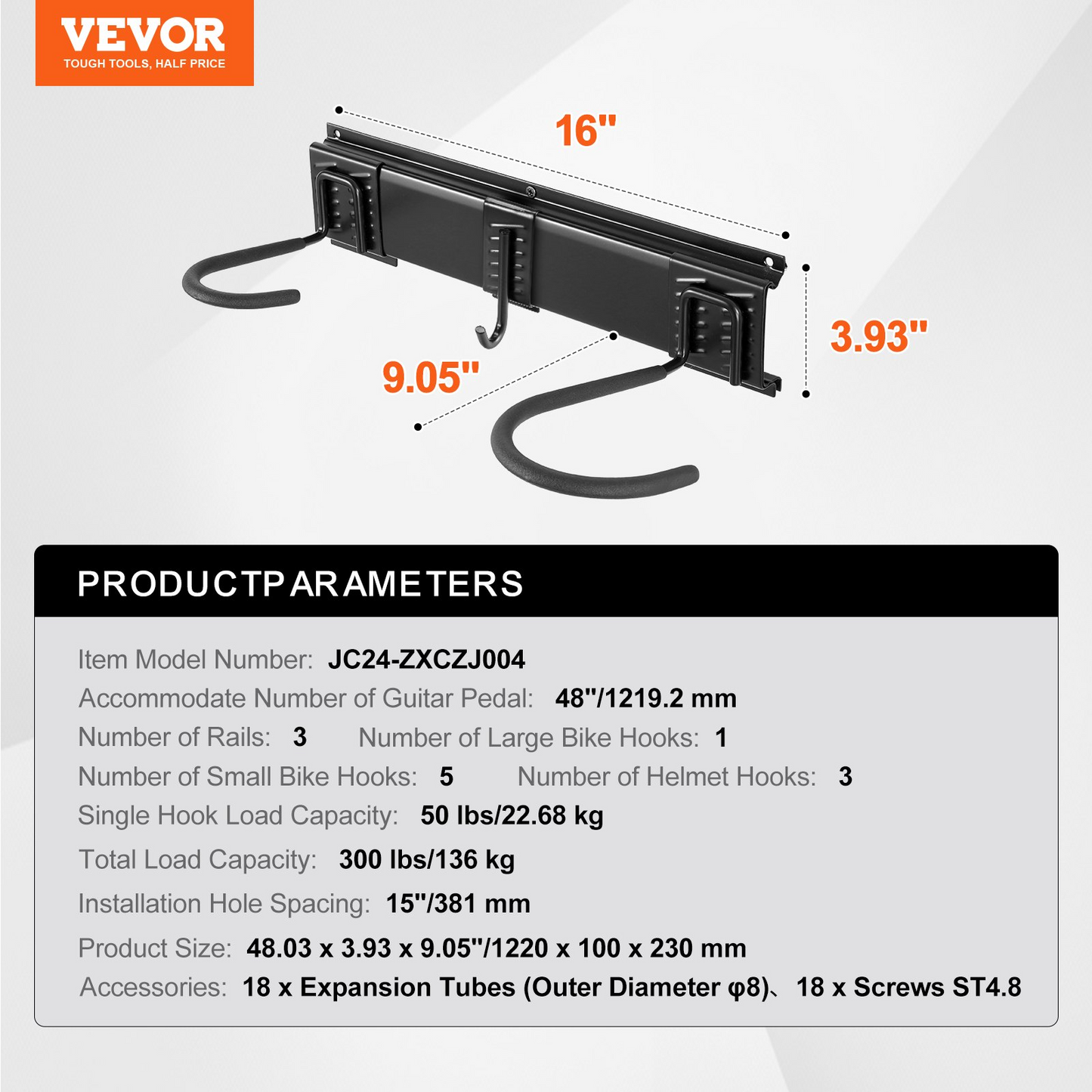 VEVOR Bike Storage Rack, 6 Bike Racks and 3 Helmets Hooks, Wall Mount Bike Storage Hanger, Home & Garage Organizer, Customizable for Various Bike Sizes, Adjustable Holder, Holds Up to 300 lbs, 48-inch - Navarrete Furniture