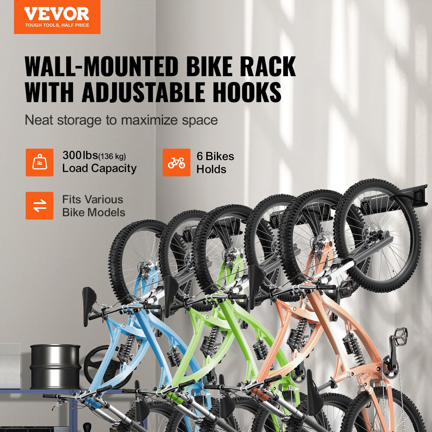 VEVOR 6-bike wall rack installed in garage