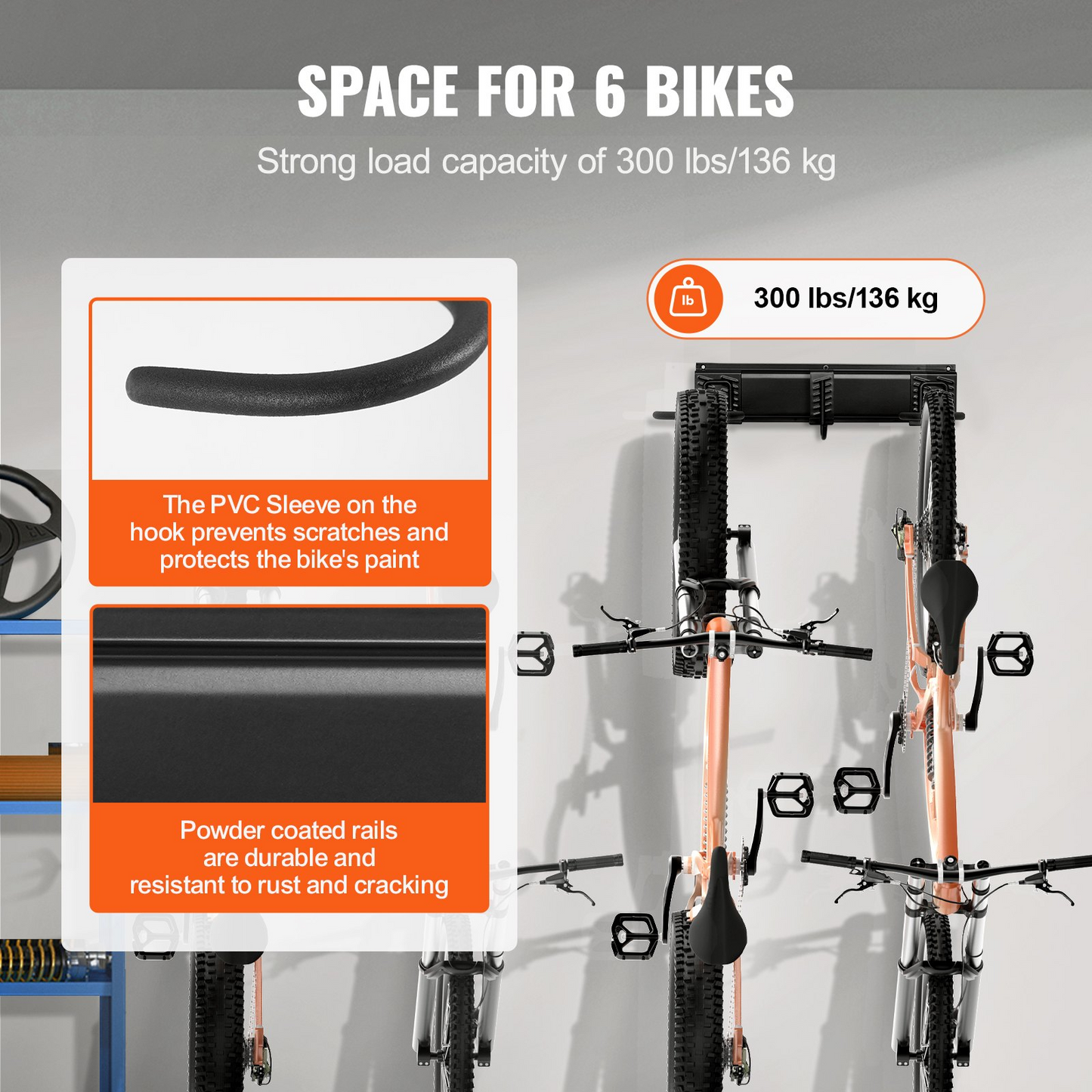 Full wall-mounted bike storage kit with rail and hooks