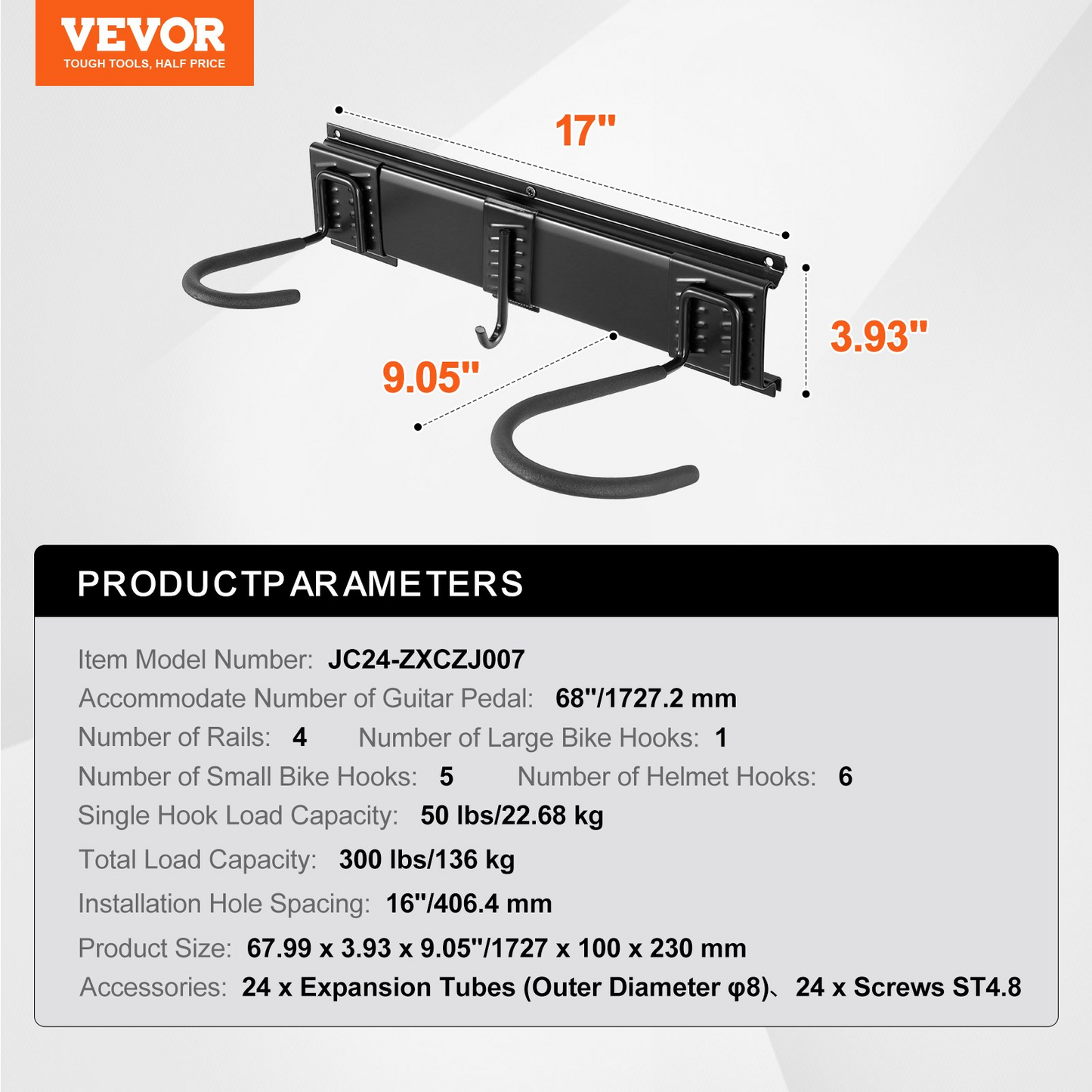 Dimensions and load specs for VEVOR wall bike organizer