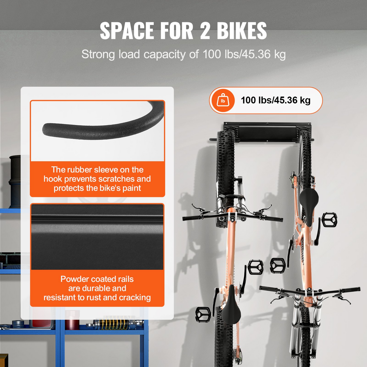 VEVOR Bike Storage Rack, 2 Bike Racks, Wall Mount Bike Storage Hanger, Home and Garage Organizer, Customizable for Various Bike Sizes, Adjustable Holder for Space Saving, Holds Up to 100 lbs, 17-inch - Navarrete Furniture