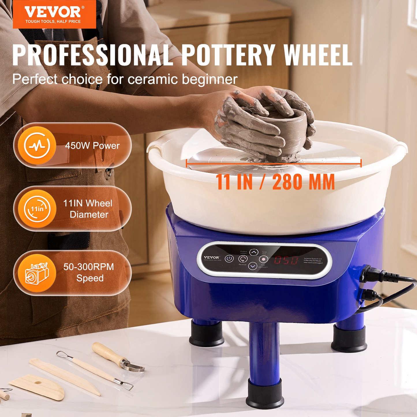 VEVOR Pottery Wheel, 11 inch Pottery Forming Machine, 450W Electric Wheel for Pottery with Foot Pedal and LCD Touch Screen, Direct Drive Ceramic Wheel with 3 Support Legs for DIY Art Craft, Blue - Navarrete Furniture