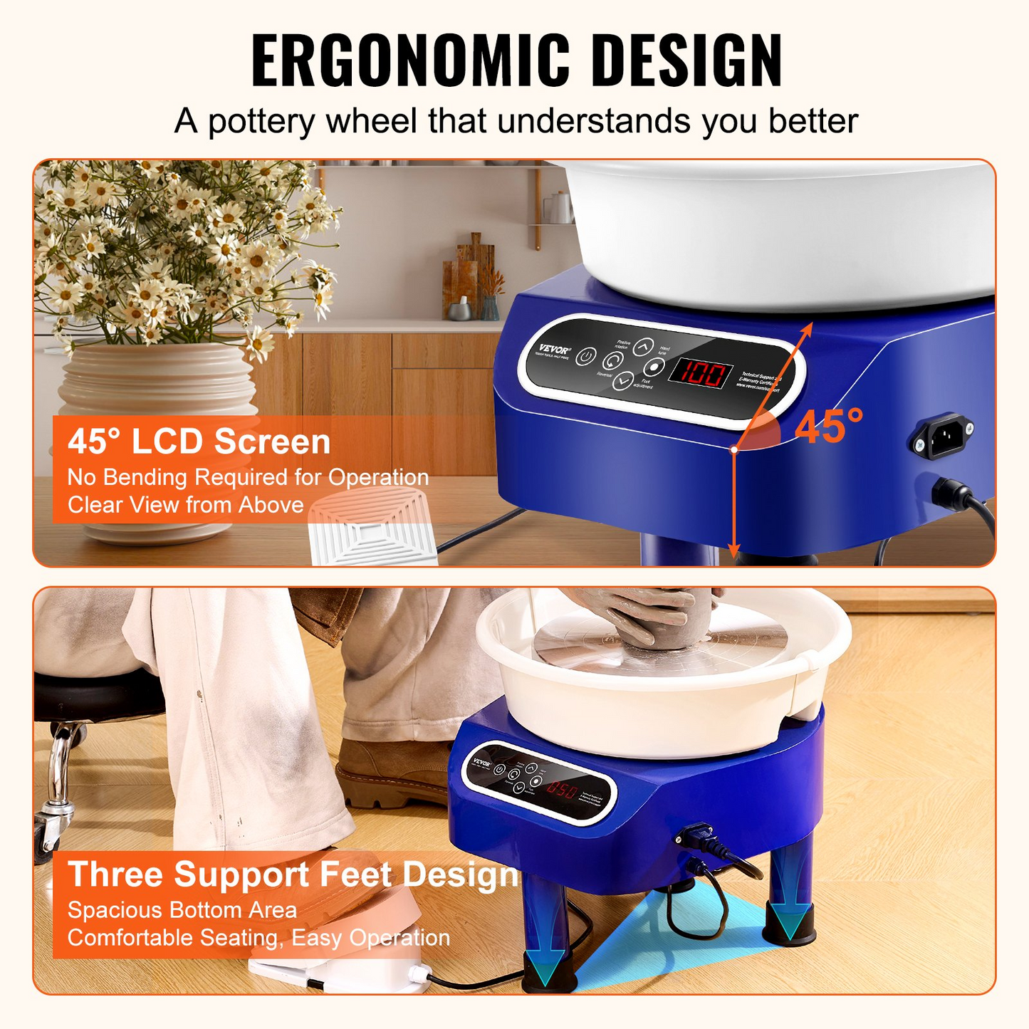 VEVOR Pottery Wheel, 11 inch Pottery Forming Machine, 450W Electric Wheel for Pottery with Foot Pedal and LCD Touch Screen, Direct Drive Ceramic Wheel with 3 Support Legs for DIY Art Craft, Blue - Navarrete Furniture