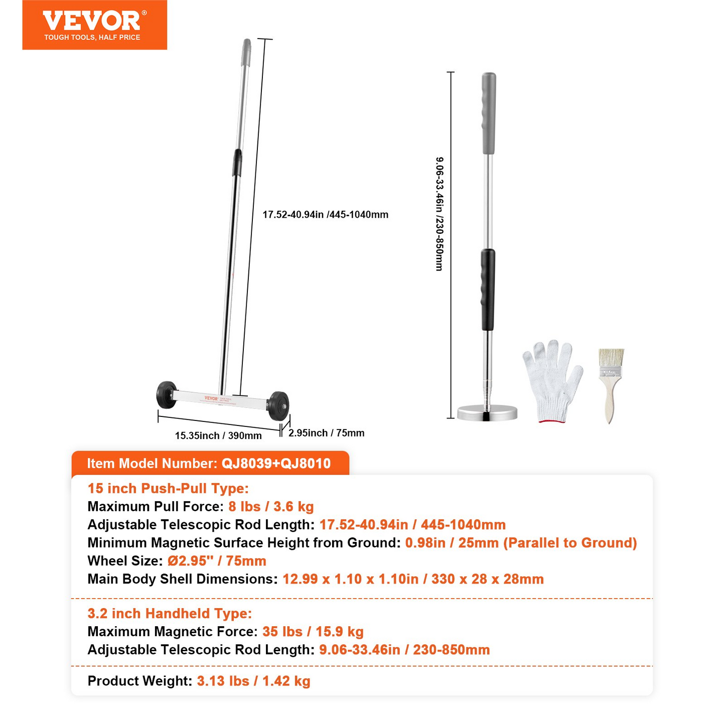 VEVOR 15-Inch Magnetic Sweeper with Wheels Telescoping Magnetic Pickup Tool - Navarrete Furniture