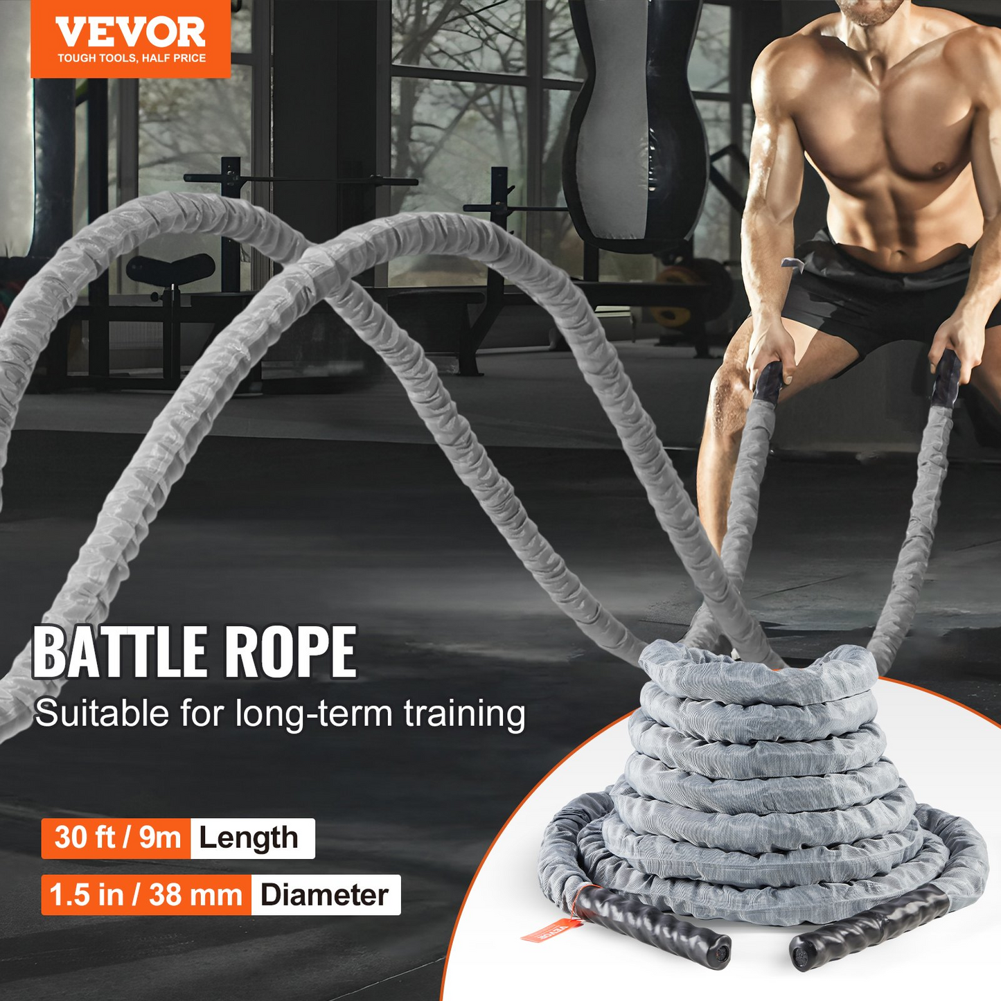 VEVOR Battle Rope 1.5" 30Ft Gym Workout Strength Training Exercise Fitness Rope - Navarrete Furniture