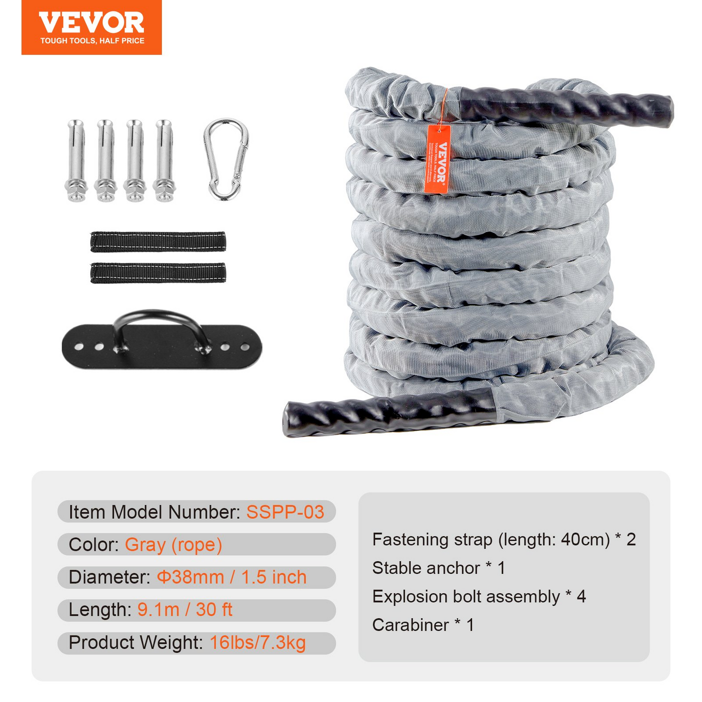VEVOR Battle Rope 1.5" 30Ft Gym Workout Strength Training Exercise Fitness Rope - Navarrete Furniture