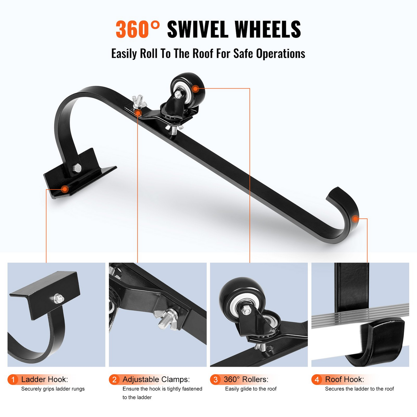 VEVOR Ladder Roof Hook Stabilizer 2 Pack with Fixed Wheel & Swivel Bar Steel - Navarrete Furniture