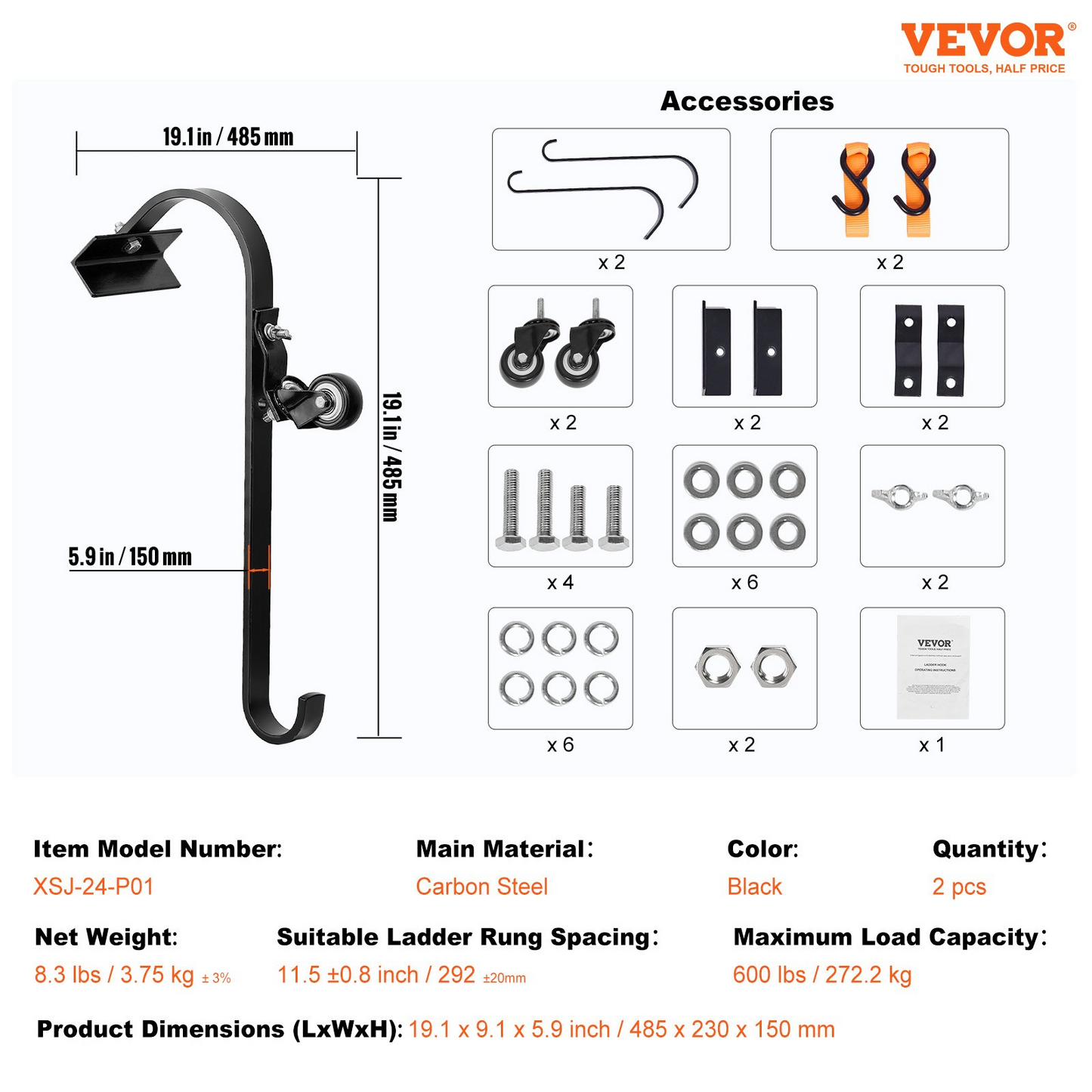 VEVOR Ladder Roof Hook Stabilizer 2 Pack with Fixed Wheel & Swivel Bar Steel - Navarrete Furniture