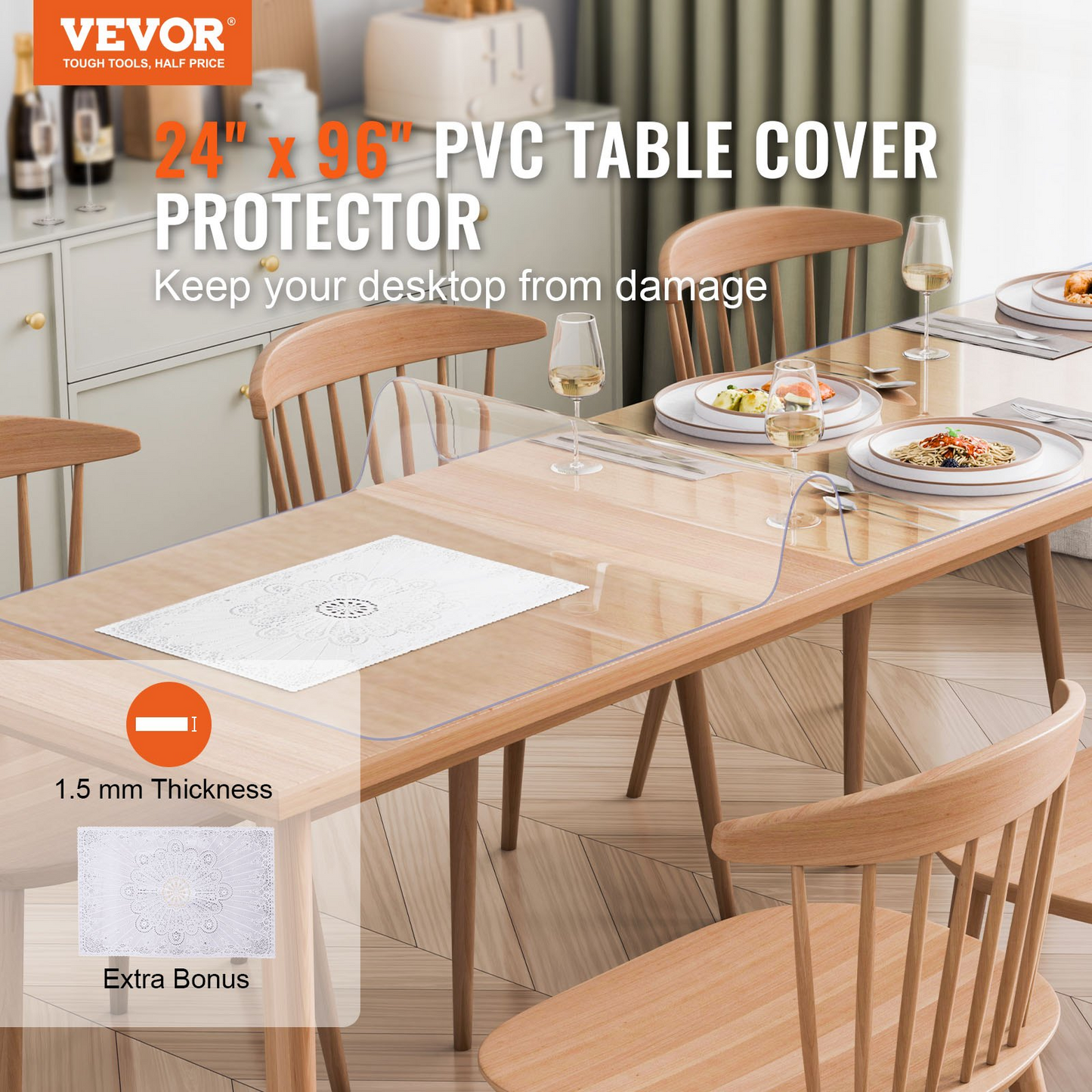 VEVOR PVC Table Protector 24x96 Inch Clear Plastic Desk Protector 1.5mm Thick - Navarrete Furniture