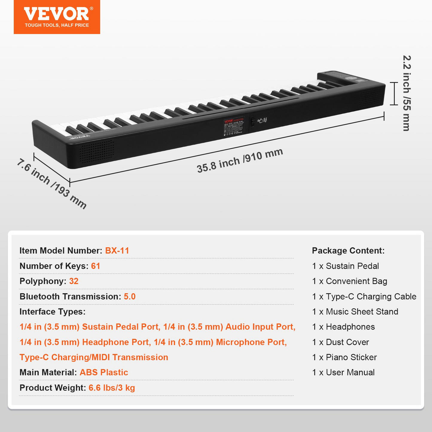 VEVOR 61 Key Folding Keyboard Piano Portable Foldable Piano Bluetooth MIDI Black - Navarrete Furniture