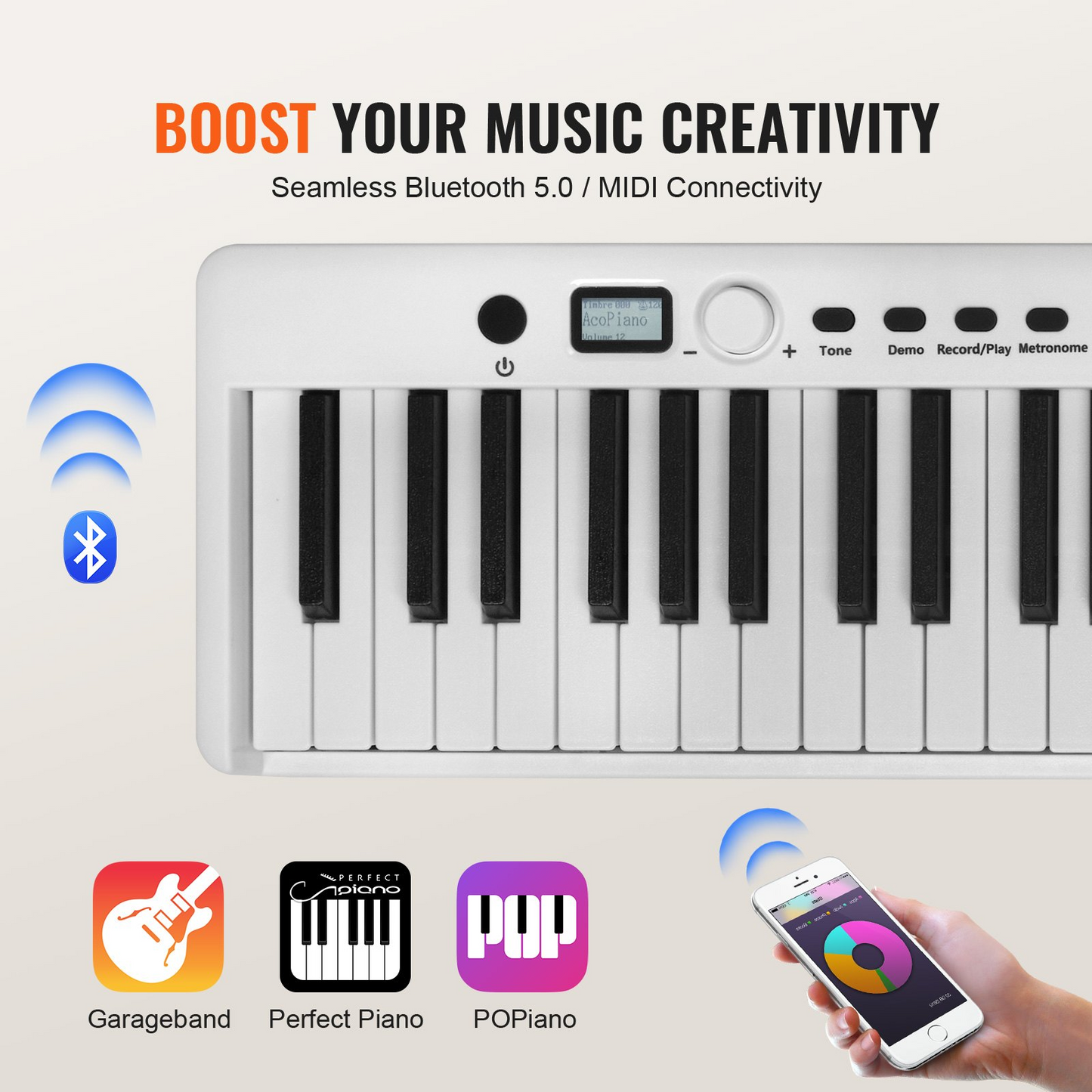 VEVOR 88 Key Folding Keyboard Piano Portable Foldable Piano Bluetooth MIDI White - Navarrete Furniture