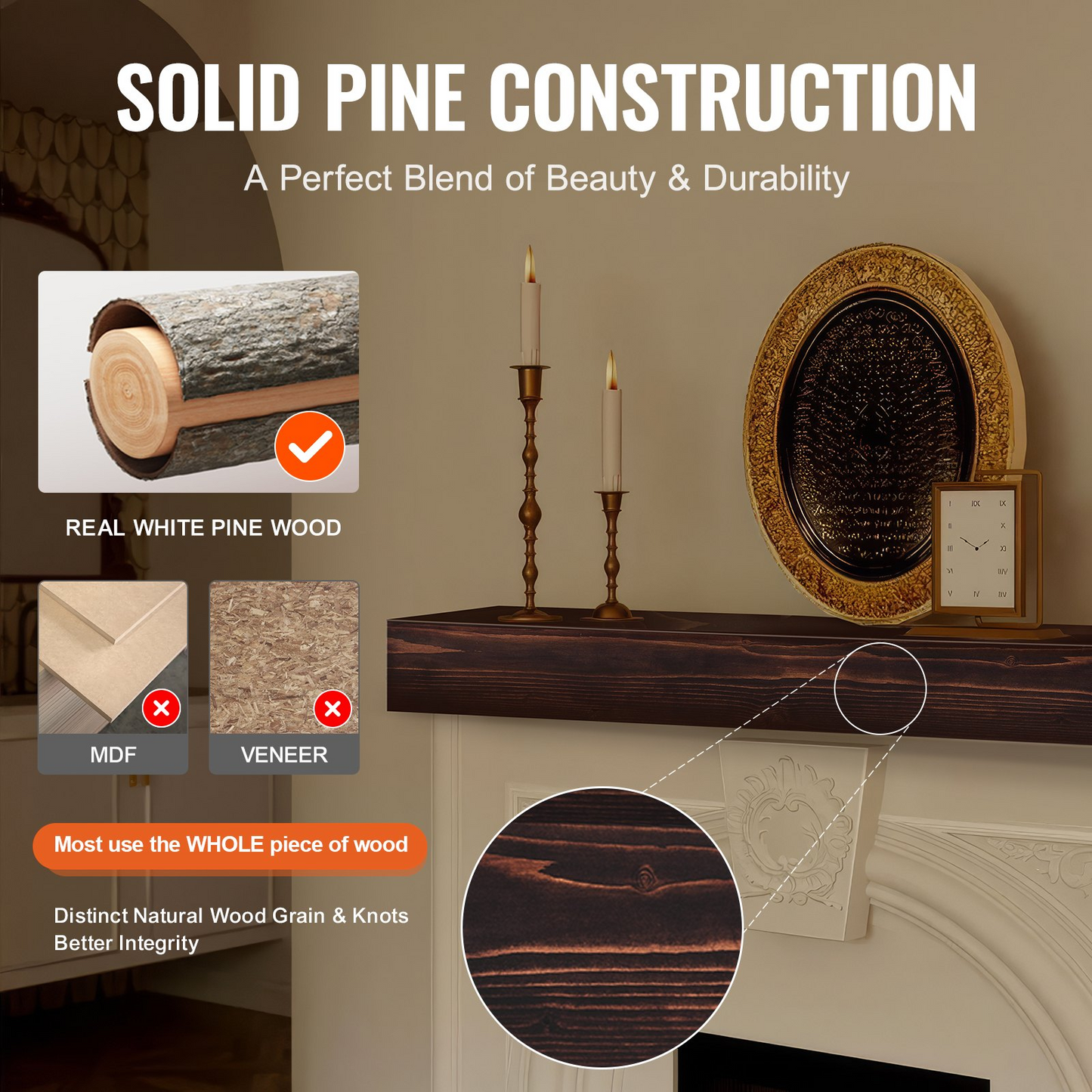 VEVOR Fireplace Mantel Wood Shelf Floating Rustic Fireplace Mantel 48" Brown - Navarrete Furniture