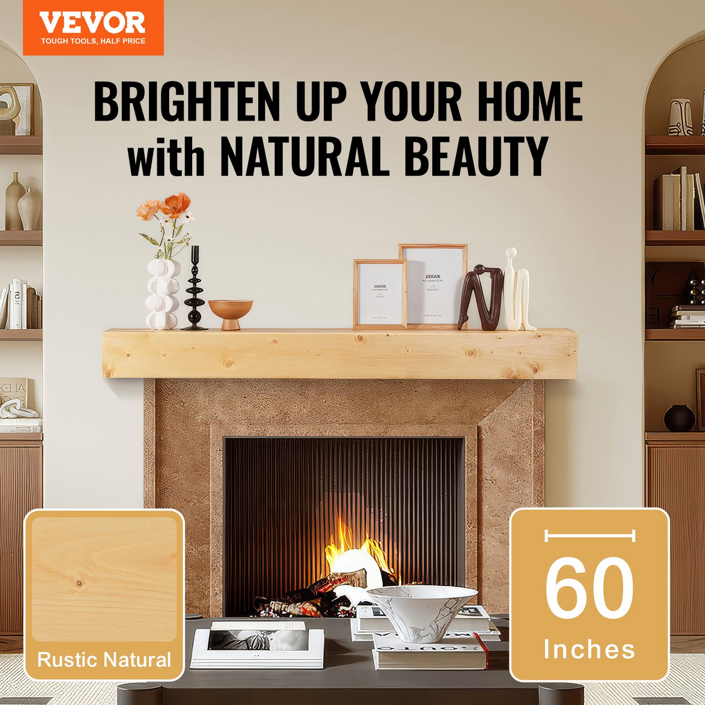 VEVOR Fireplace Mantel Wood Shelf Floating Rustic Fireplace Mantel 60" Natural - Navarrete Furniture