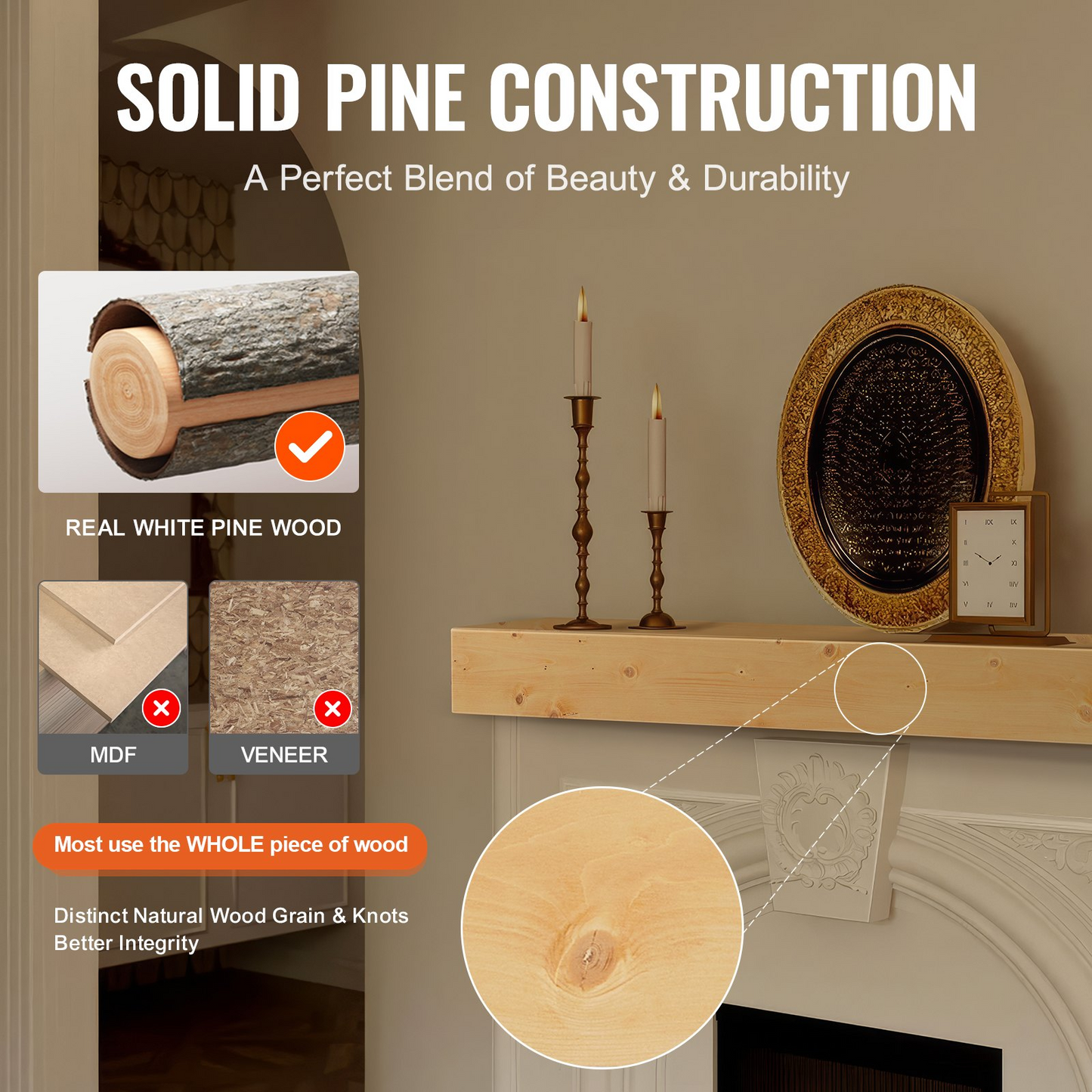 VEVOR Fireplace Mantel Wood Shelf Floating Rustic Fireplace Mantel 60" Natural - Navarrete Furniture