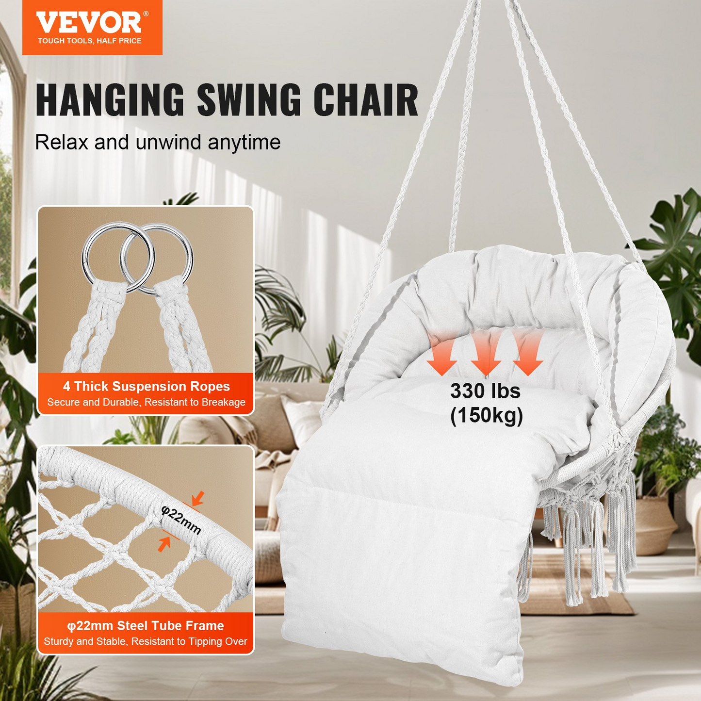 VEVOR Hammock Swinging Chair Macramé Hanging Chair with Cushion Indoor & Outdoor - Navarrete Furniture