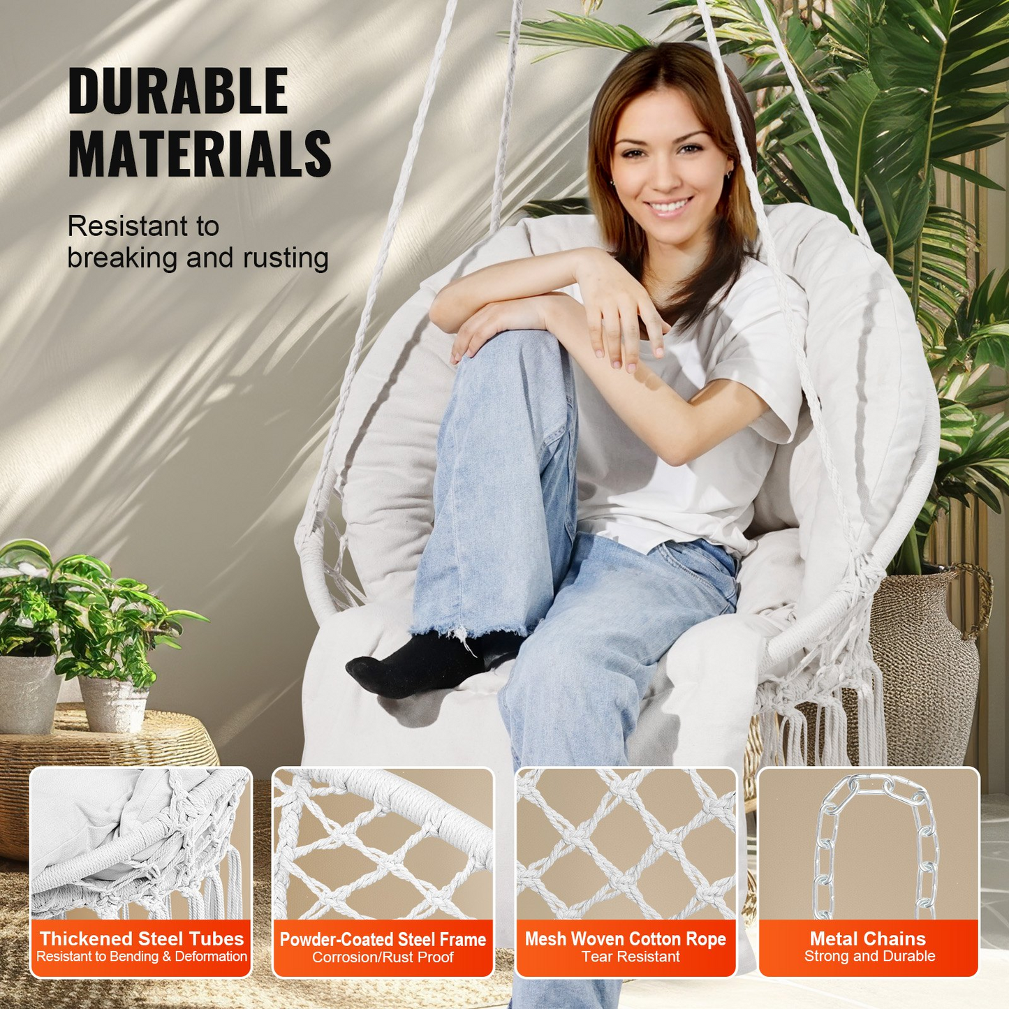 VEVOR Hammock Swinging Chair Macramé Hanging Chair with Cushion Indoor & Outdoor - Navarrete Furniture