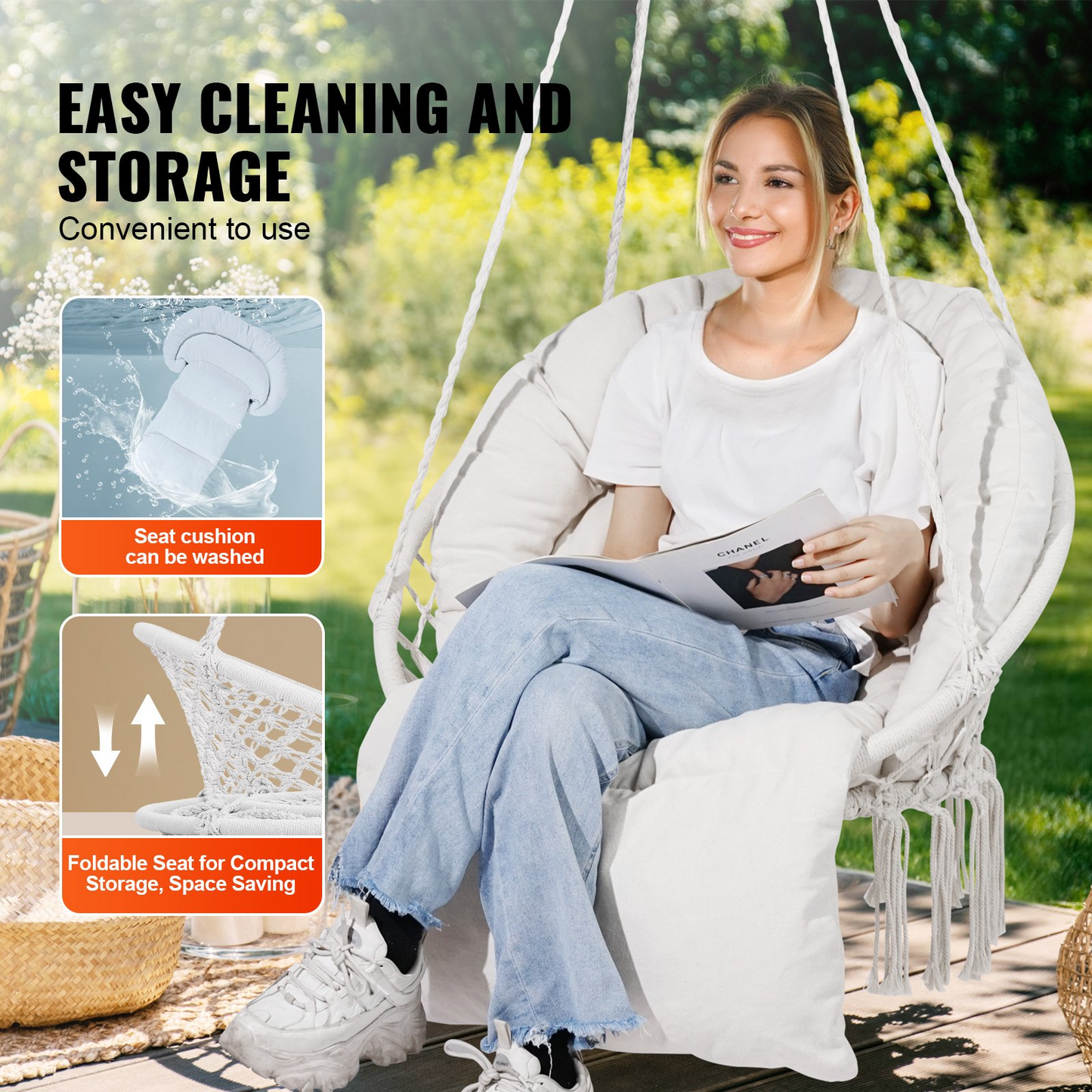 VEVOR Hammock Swinging Chair Macramé Hanging Chair with Cushion Indoor & Outdoor - Navarrete Furniture