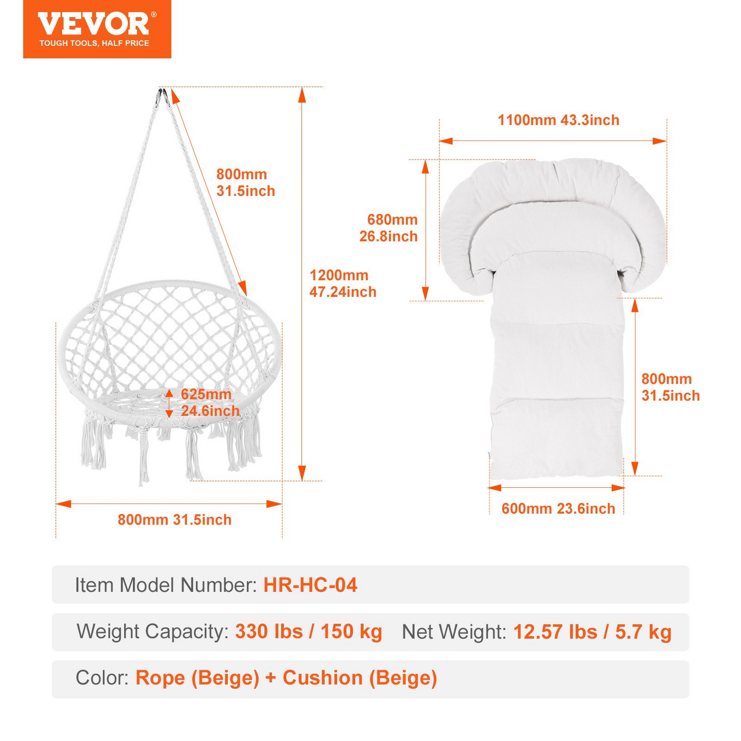 VEVOR Hammock Swinging Chair Macramé Hanging Chair with Cushion Indoor & Outdoor - Navarrete Furniture