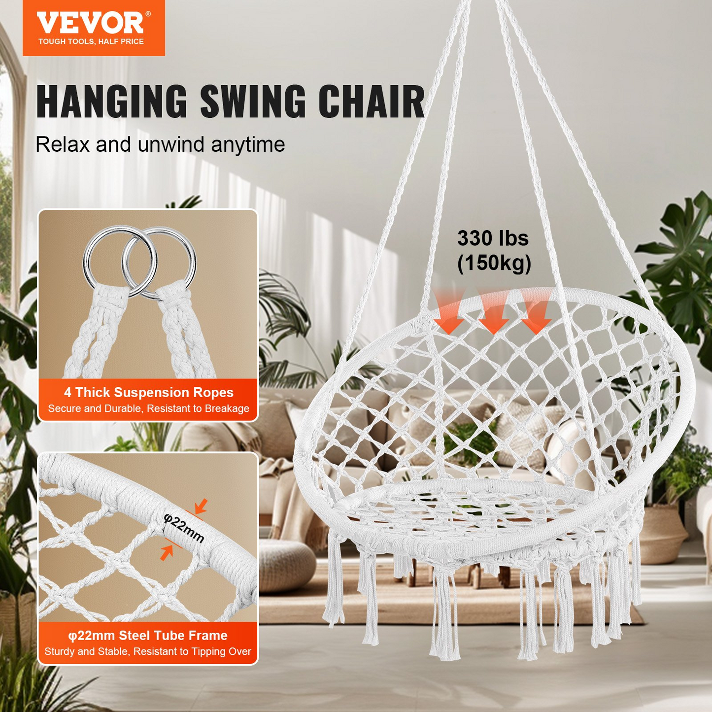 VEVOR Hammock Hanging Swinging Chair Macramé Hanging Chair for Indoor & Outdoor - Navarrete Furniture