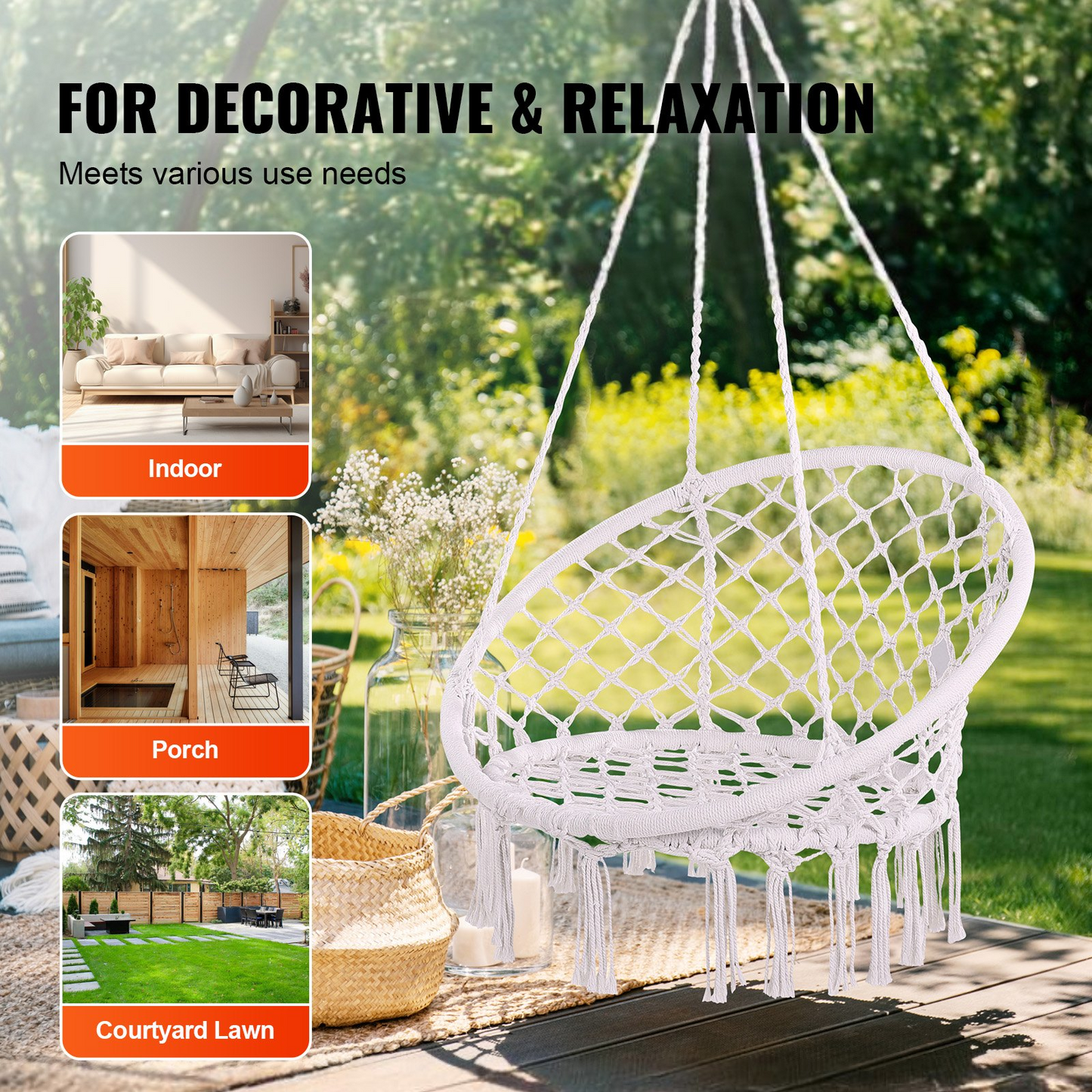 VEVOR Hammock Hanging Swinging Chair Macramé Hanging Chair for Indoor & Outdoor - Navarrete Furniture