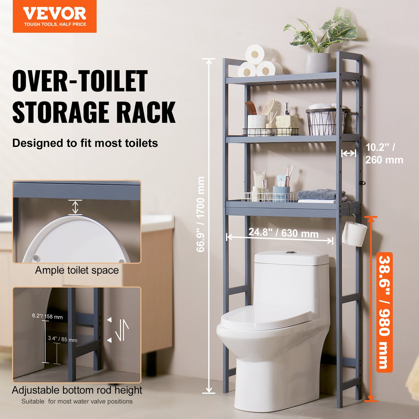 VEVOR Over the Toilet Storage 3-Tier Bathroom Shelf Rack Space Saver Organizer - Navarrete Furniture