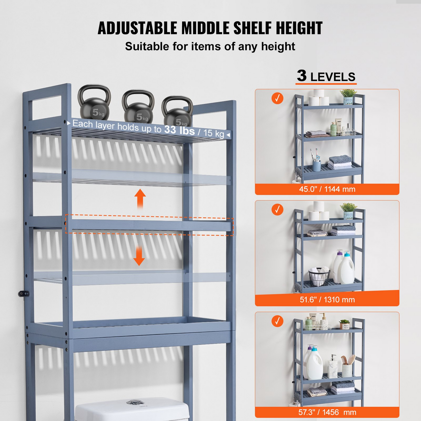 VEVOR Over the Toilet Storage 3-Tier Bathroom Shelf Rack Space Saver Organizer - Navarrete Furniture