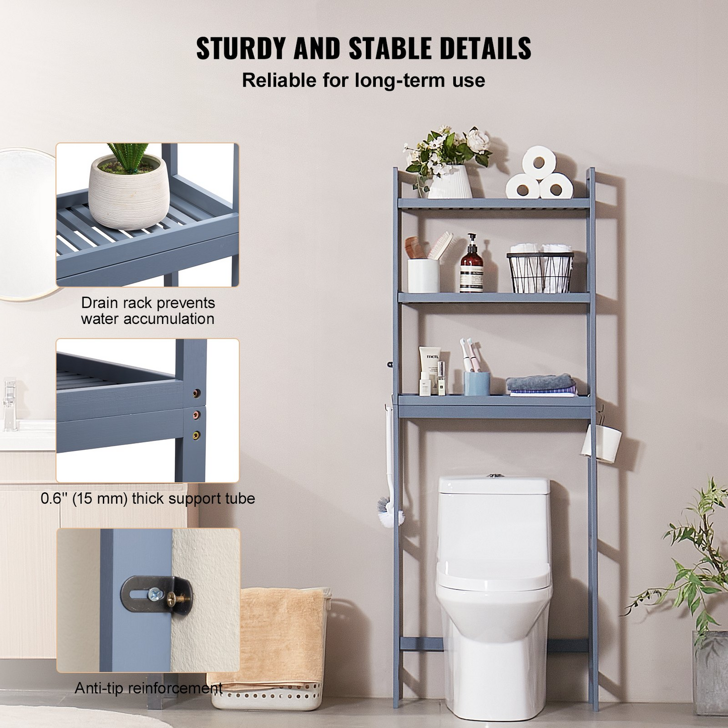 VEVOR Over the Toilet Storage 3-Tier Bathroom Shelf Rack Space Saver Organizer - Navarrete Furniture