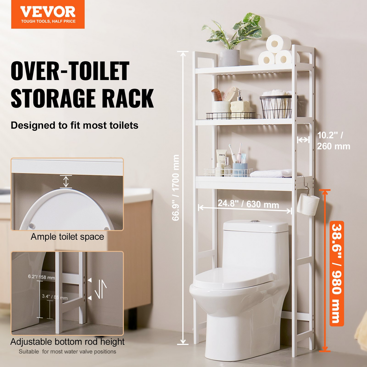 VEVOR Over the Toilet Storage 3-Tier Bathroom Shelf Rack Space Saver Organizer - Navarrete Furniture