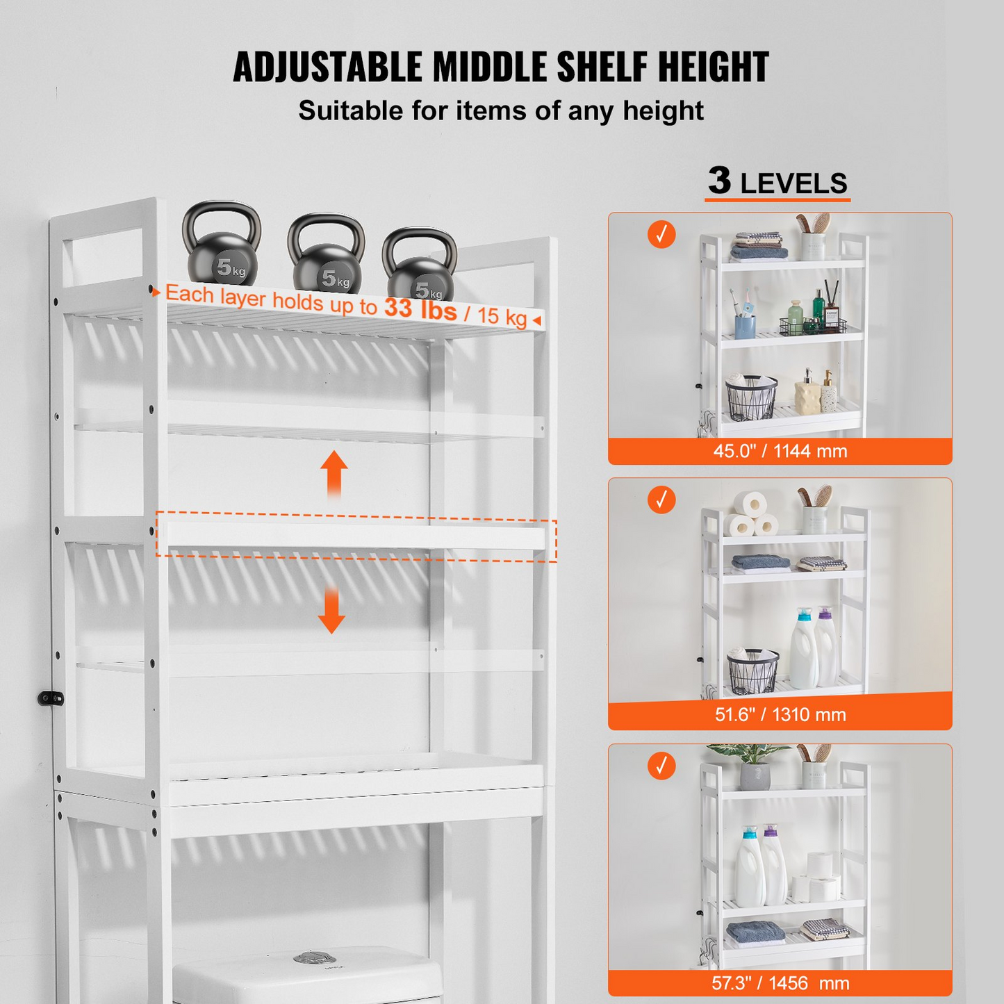 VEVOR Over the Toilet Storage 3-Tier Bathroom Shelf Rack Space Saver Organizer - Navarrete Furniture