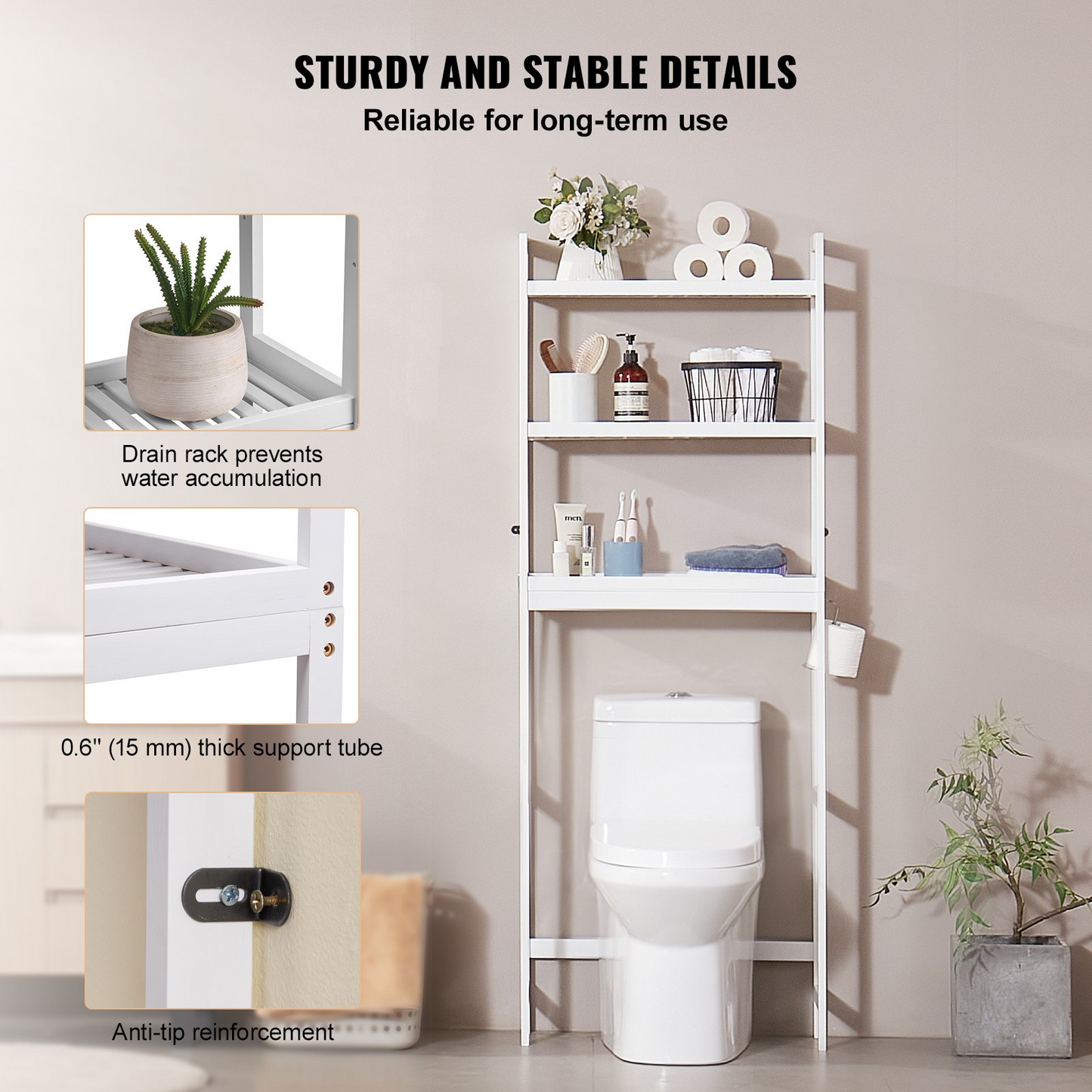 VEVOR Over the Toilet Storage 3-Tier Bathroom Shelf Rack Space Saver Organizer - Navarrete Furniture